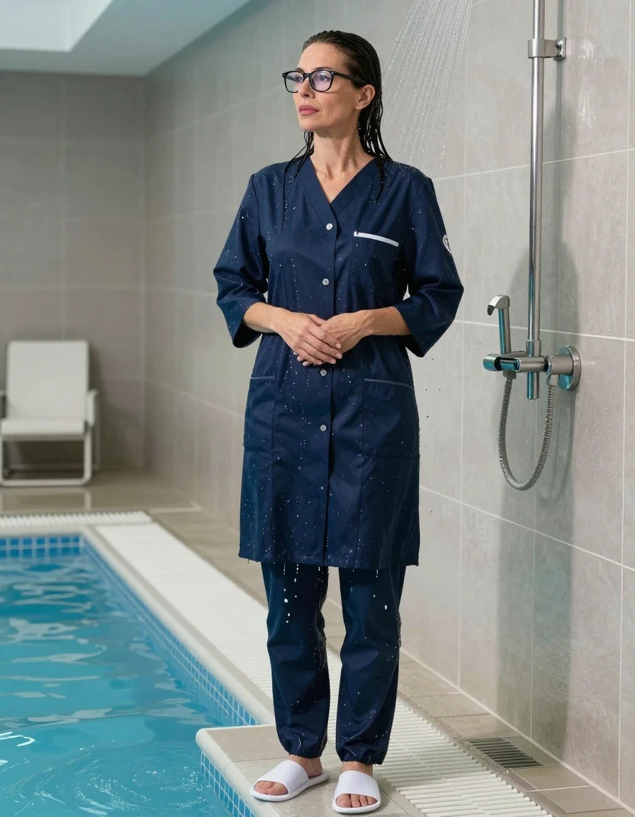 photo of young woman, in soaking wet, drenched clothes,
white slippers, dark blue scrubs, maxi dark blue labcoat, taking shower after bath in indoor swimming pool, enjoying wet clothes stuck body, enjoying, wet clothes stuck to body, 
enjoying, wet clothes stuck to body,
detailed textures of the wet clothes, wet face, wet plastered hair,
wet, drenched, professional, high-quality details, full body view.
sharp focus, ultra-high pixel detail, realistic, high-quality, full colors, incredibly detailed, 4k, 8k, 16k, hyper-realistic, RAW photo, masterpiece, ultra-detailed, professionally color graded, professional photograph, europen brunette skinny woman 50 years old, long dark black hair, office glasses, very big and thick lips, complete body, wet skin, wet clothes, damp fabric, wet skin, wet clothes, damp fabric, wet skin, wet clothes, damp fabric, wet skin, wet clothes, damp fabric, wet skin, wet clothes, damp fabric, wet skin, wet clothes, damp fabric, wet skin, wet clothes, damp fabric