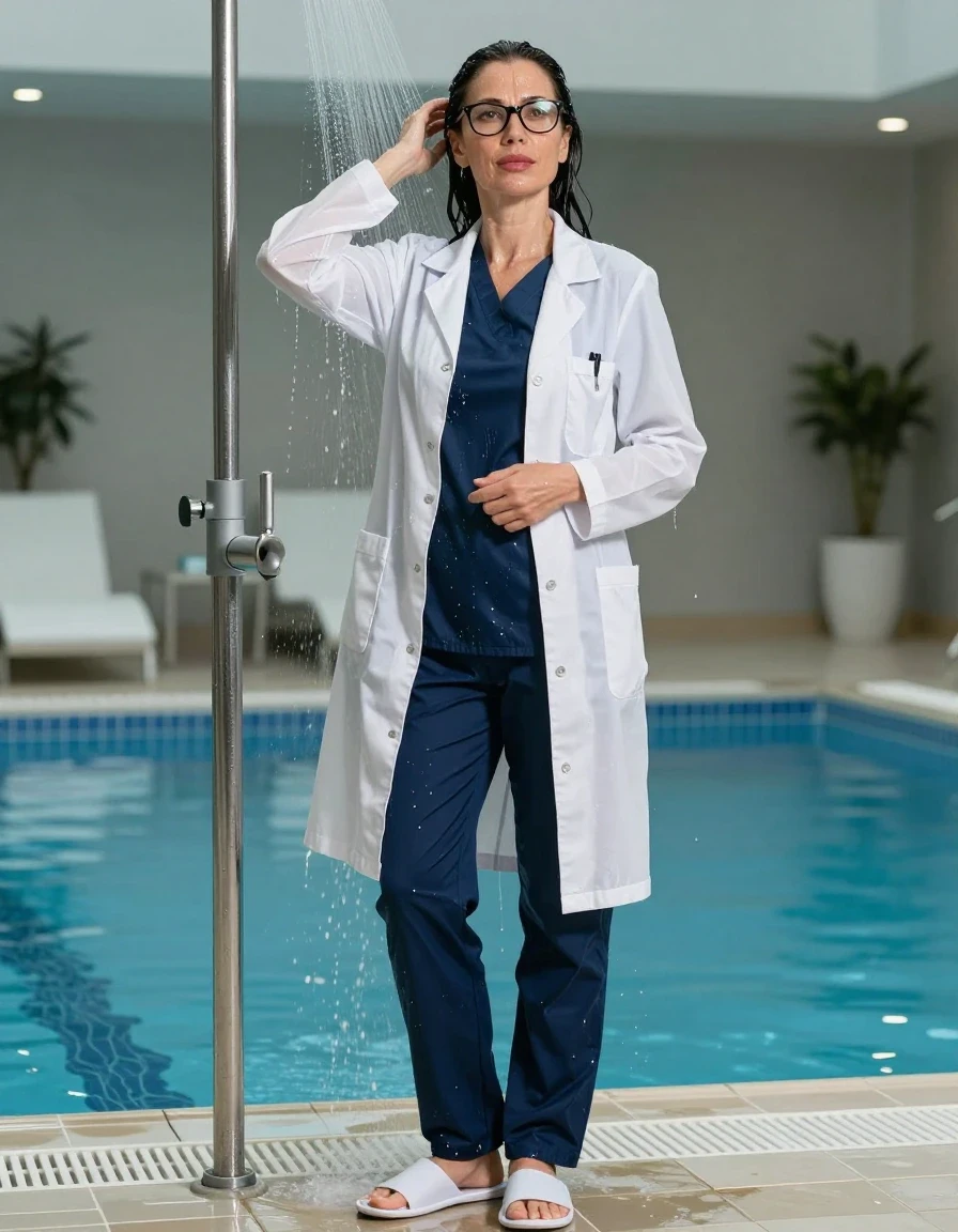 photo of young woman, in soaking wet, drenched clothes,
white slippers, dark blue scrubs, dark blue scrubs, maxi white labcoat, taking shower after bath in indoor swimming pool, enjoying wet clothes stuck body, enjoying, wet clothes stuck to body, 
enjoying, wet clothes stuck to body,
detailed textures of the wet clothes, wet face, wet plastered hair,
wet, drenched, professional, high-quality details, full body view.
sharp focus, ultra-high pixel detail, realistic, high-quality, full colors, incredibly detailed, 4k, 8k, 16k, hyper-realistic, RAW photo, masterpiece, ultra-detailed, professionally color graded, professional photograph, europen brunette skinny woman 50 years old, long dark black hair, office glasses, very big and thick lips, complete body, wet skin, wet clothes, damp fabric, wet skin, wet clothes, damp fabric, wet skin, wet clothes, damp fabric, wet skin, wet clothes, damp fabric, wet skin, wet clothes, damp fabric, wet skin, wet clothes, damp fabric, wet skin, wet clothes, damp fabric