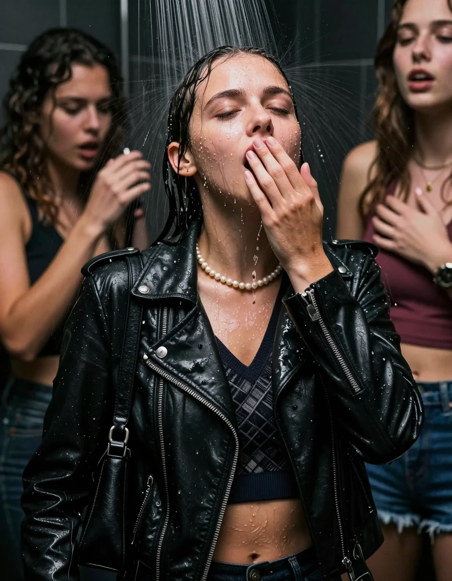 photo of young woman, in soaking wet, drenched clothes,
, , Black biker leatherjacket, v-neck sweater with diamond pattern belly free, shoulderbag , Pearl necklace, bracelet, wristwatch, Under the shower, strong jet of water, party room, 
enjoying, wet clothes stuck to body,
detailed textures of the wet clothes, wet face, wet plastered hair,
wet, drenched, professional, high-quality details, full body view.
sharp focus, ultra-high pixel detail, realistic, high-quality, full colors, incredibly detailed, 4k, 8k, 16k, hyper-realistic, RAW photo, masterpiece, ultra-detailed, professionally color graded, professional photograph, 18 year old teenage girl and her friend 

Only head and shoulders are over the surface visible. Open mouth, closed eyes. Looking up. Hands over mouth. Water running down her face and neck

The girls wear different clothes.

she is completely underwater up to her neck, afraid and astonished expression. 

her clothing is soaking wet and clinging tightly to her skin, showing heavy wet folds, darkened fabric texture, and deep water-saturated Patches, her clothes are heavy from the water, water runs from her body and her clothes in streams. A lot of water also runs out of her clothes. Her clothes are darkened by the water. Her submerged clothes are good visible under the water.  she soaked her handbag into the water.

close up view, wet skin, wet clothes, wet hair, damp fabric, water runs down the clothes, wet skin, wet clothes, damp fabric. cinematic medium shot, hyper-realistic wetness, high-contrast water sheen, sharp focus, 16k resolution, professional photography, realistic water physics., wet skin, wet clothes, damp fabric, wet skin, wet clothes, damp fabric, wet skin, wet clothes, damp fabric, wet skin, wet clothes, damp fabric, wet skin, wet clothes, damp fabric, wet skin, wet clothes, damp fabric, wet skin, wet clothes, damp fabric