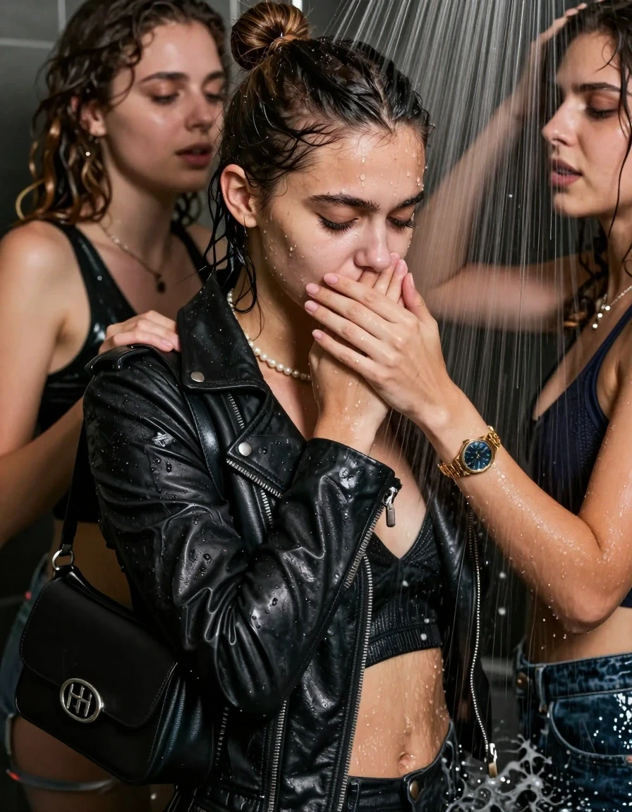 photo of young woman, in soaking wet, drenched clothes,
, , Biker leatherjacket, sweater belly free, shoulderbag, pearl necklace, bracelet, wristwatch, Orgasm Under the shower, strong jet of water, party room, 
enjoying, wet clothes stuck to body,
detailed textures of the wet clothes, wet face, wet plastered hair,
wet, drenched, professional, high-quality details, full body view.
sharp focus, ultra-high pixel detail, realistic, high-quality, full colors, incredibly detailed, 4k, 8k, 16k, hyper-realistic, RAW photo, masterpiece, ultra-detailed, professionally color graded, professional photograph, Topknot

 21 years old  teenage girl and her female  friends

Only head and shoulders are over the surface visible. Looking down to the side.  closed eyes . Her mouth is covered by her friends Hand. hugs her friend.

The girls wear different clothes.

she is completely underwater up to her neck, horny and Strenuous painful expression. 

her clothing is soaking wet and clinging tightly to her skin, showing heavy wet folds, darkened fabric texture, and deep water-saturated Patches, her clothes are heavy from the water, water runs from her body and her clothes in streams. A lot of water also runs out of her clothes. Her clothes are darkened by the water. Her submerged clothes are good visible under the water.  she soaked her handbag into the water.

close up view, wet skin, wet clothes, wet hair, damp fabric, water runs down the clothes, wet skin, wet clothes, damp fabric. cinematic medium shot, hyper-realistic wetness, high-contrast water sheen, sharp focus, 16k resolution, professional photography, realistic water physics., wet skin, wet clothes, damp fabric, wet skin, wet clothes, damp fabric, wet skin, wet clothes, damp fabric, wet skin, wet clothes, damp fabric, wet skin, wet clothes, damp fabric, wet skin, wet clothes, damp fabric, wet skin, wet clothes, damp fabric, wet skin, wet clothes, damp fabric