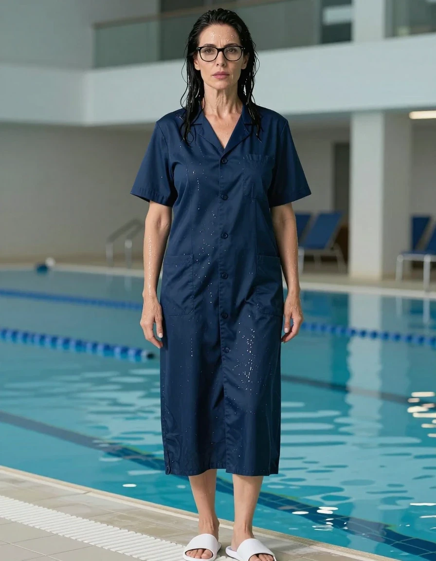 photo of young woman, in soaking wet, drenched clothes,
white slippers, maxi dark blue labdress with short sleeves, maxi dark blue labdress with short sleeves, after swim in indoor swimming pool, enjoying wet clothes stuck body, enjoying, wet clothes stuck to body, 
enjoying, wet clothes stuck to body,
detailed textures of the wet clothes, wet face, wet plastered hair,
wet, drenched, professional, high-quality details, full body view.
sharp focus, ultra-high pixel detail, realistic, high-quality, full colors, incredibly detailed, 4k, 8k, 16k, hyper-realistic, RAW photo, masterpiece, ultra-detailed, professionally color graded, professional photograph, europen brunette skinny woman 50 years old, long dark black hair, office glasses, very big and thick lips, complete body, wet skin, wet clothes, damp fabric, wet skin, wet clothes, damp fabric, wet skin, wet clothes, damp fabric, wet skin, wet clothes, damp fabric, wet skin, wet clothes, damp fabric, wet skin, wet clothes, damp fabric, wet skin, wet clothes, damp fabric