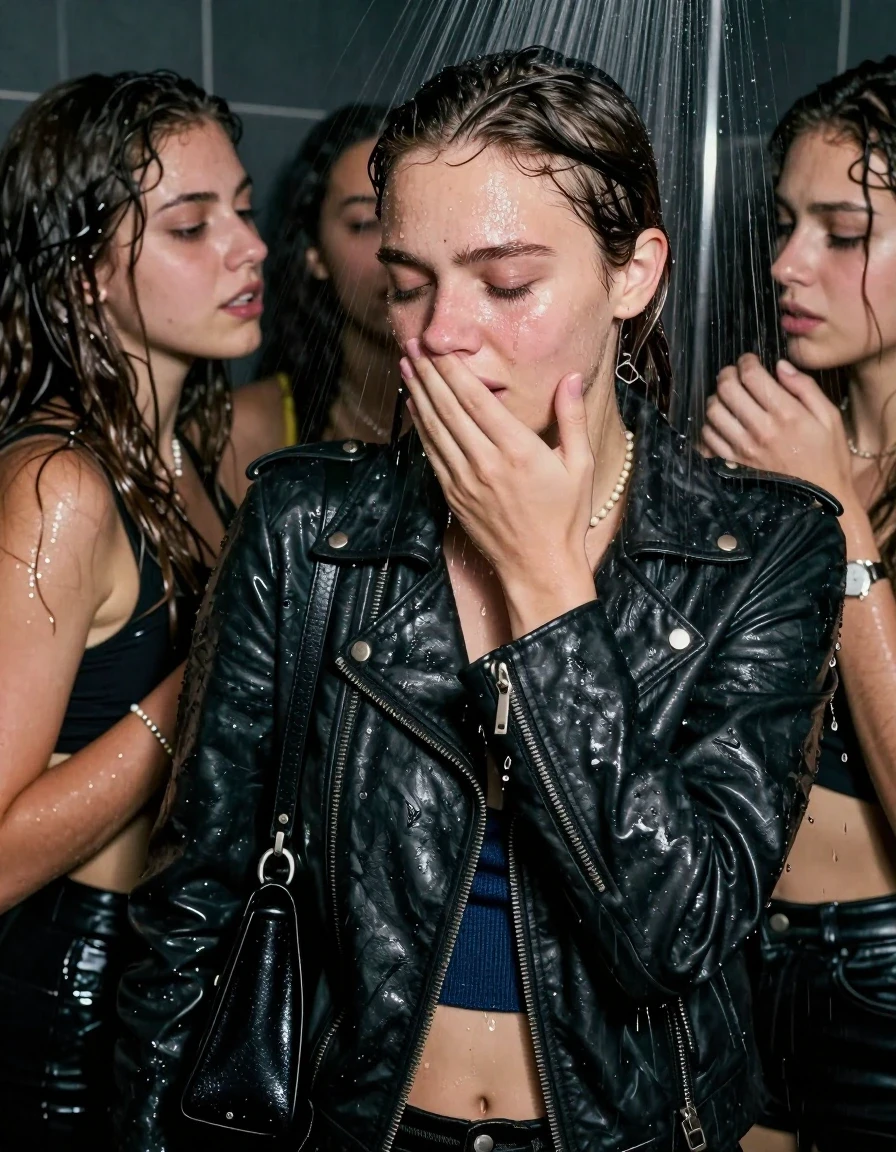 photo of young woman, in soaking wet, drenched clothes,
, , Biker leatherjacket, sweater belly free, shoulderbag, pearl necklace, bracelet, wristwatch, Orgasm Under the shower, strong jet of water, party room, 
enjoying, wet clothes stuck to body,
detailed textures of the wet clothes, wet face, wet plastered hair,
wet, drenched, professional, high-quality details, full body view.
sharp focus, ultra-high pixel detail, realistic, high-quality, full colors, incredibly detailed, 4k, 8k, 16k, hyper-realistic, RAW photo, masterpiece, ultra-detailed, professionally color graded, professional photograph, Topknot

 21 years old  school girl and her female  friends

Only head and shoulders are over the surface visible. Looking down to the side.  closed eyes . Her mouth is covered by her friends Hand. hugs her friend.

The girls wear different clothes.

she is completely underwater up to her neck, horny and Strenuous painful expression. 

her clothing is soaking wet and clinging tightly to her skin, showing heavy wet folds, darkened fabric texture, and deep water-saturated Patches, her clothes are heavy from the water, water runs from her body and her clothes in streams. A lot of water also runs out of her clothes. Her clothes are darkened by the water. Her submerged clothes are good visible under the water.  she soaked her handbag into the water.

close up view, wet skin, wet clothes, wet hair, damp fabric, water runs down the clothes, wet skin, wet clothes, damp fabric. cinematic medium shot, hyper-realistic wetness, high-contrast water sheen, sharp focus, 16k resolution, professional photography, realistic water physics., wet skin, wet clothes, damp fabric, wet skin, wet clothes, damp fabric, wet skin, wet clothes, damp fabric, wet skin, wet clothes, damp fabric, wet skin, wet clothes, damp fabric, wet skin, wet clothes, damp fabric, wet skin, wet clothes, damp fabric, wet skin, wet clothes, damp fabric