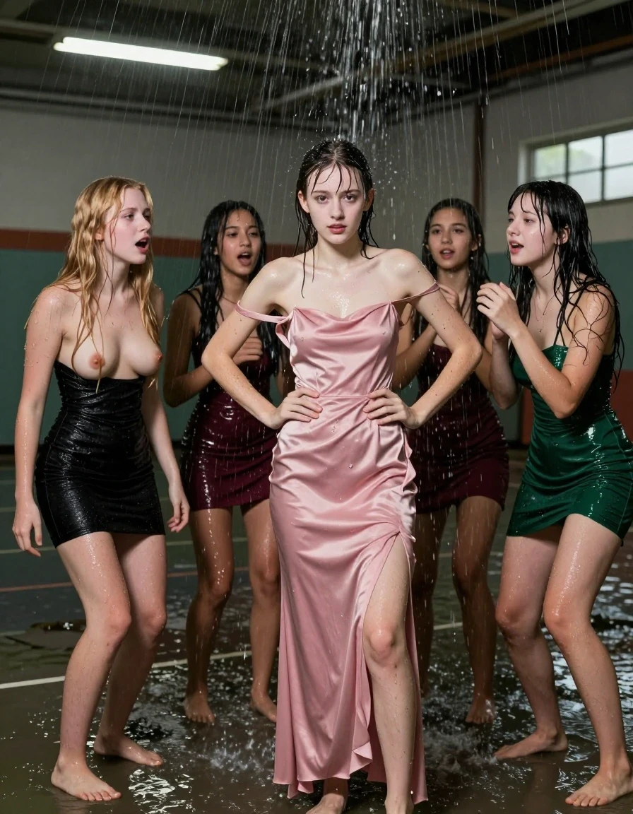 photo of young woman, in soaking wet, drenched clothes,
, , dress, 4 college girls playing after homecoming on a dark flooded and abandoned gym with all its lights when it started pouring water from the ceiling on them, they are all dirty and covered in muck, 
enjoying, wet clothes stuck to body,
detailed textures of the wet clothes, wet face, wet plastered hair,
wet, drenched, professional, high-quality details, full body view.
sharp focus, ultra-high pixel detail, realistic, high-quality, full colors, incredibly detailed, 4k, 8k, 16k, hyper-realistic, RAW photo, masterpiece, ultra-detailed, professionally color graded, professional photograph, college girls both having fun together, as they play in the water their dresses begin to fall off leaving them half naked. All a similar age, a small nineteen year old girl, with a flat and slim body, skinny body, flat and skinny chest, a She has a wide square young face but a small very skinny waist and skinny legs, a very small chest and very small breasts, she is a pale brunette with ponytail and bangs, She has a small body, She is full of youthful energy. wearing a pink formal satin cocktail dress with a straight neckline with broken shoulder dress straps falling off her shoulder, her right dress strap has fallen off her shoulder and down her arm, she has her hands on her hips and her broke dress falls around her arms exposing her naked breasts. Her friend has blonde hair and is quite skinny, ,a wide square face, she is wearing a fit black short sleeve coctail dress. The third girl is 19, with a tan complexion and dark black hair, she is wearing a maroon mini dress, The 4th girl is brunette with a small body and thin legs, she is wearing a green strapless prom dress and is struggling to keep the top pulled up under all the water, all of them except the blonde girl have very small breasts. wet skin, wet clothes, damp fabric,, wet skin, wet clothes, damp fabric, wet skin, wet clothes, damp fabric, wet skin, wet clothes, damp fabric, wet skin, wet clothes, damp fabric, wet skin, wet clothes, damp fabric, wet skin, wet clothes, damp fabric, wet skin, wet clothes, damp fabric, wet skin, wet clothes, damp fabric, wet skin, wet clothes, damp fabric, wet skin, wet clothes, damp fabric
