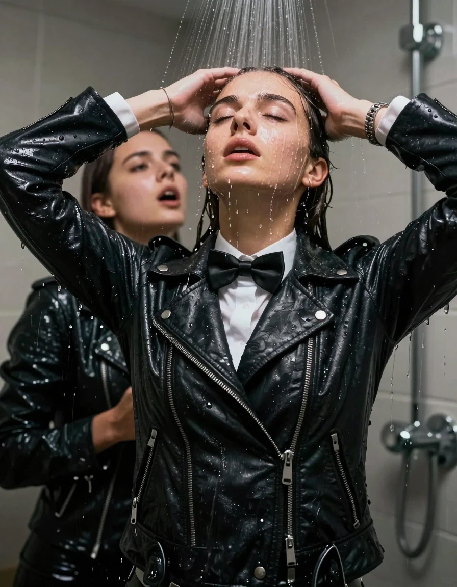 photo of young woman, in soaking wet, drenched clothes,
, , Biker leatherjacket, long sleeve smart white shirt and black bowtie, bracelet, wristwatch, Under the shower, strong jet of water, party room, 
enjoying, wet clothes stuck to body,
detailed textures of the wet clothes, wet face, wet plastered hair,
wet, drenched, professional, high-quality details, full body view.
sharp focus, ultra-high pixel detail, realistic, high-quality, full colors, incredibly detailed, 4k, 8k, 16k, hyper-realistic, RAW photo, masterpiece, ultra-detailed, professionally color graded, professional photograph, Two 18 year old ladies

Only head and shoulders are over the surface visible. Open mouth, closed eyes. Looking up. Hands up. Water running down her face and neck

The girls wear same clothes.

she is completely underwater up to her neck, surprised and astonished expression. 

her clothing is soaking wet and clinging tightly to her skin, showing heavy wet folds, darkened fabric texture, and deep water-saturated Patches, her clothes are heavy from the water, water runs from her body and her clothes in streams. A lot of water also runs out of her clothes. Her clothes are darkened by the water. Her submerged clothes are good visible under the water.  she soaked her handbag into the water.

close up view, wet skin, wet clothes, wet hair, damp fabric, water runs down the clothes, wet skin, wet clothes, damp fabric. cinematic medium shot, hyper-realistic wetness, high-contrast water sheen, sharp focus, 16k resolution, professional photography, realistic water physics., wet skin, wet clothes, damp fabric, wet skin, wet clothes, damp fabric, wet skin, wet clothes, damp fabric, wet skin, wet clothes, damp fabric, wet skin, wet clothes, damp fabric, wet skin, wet clothes, damp fabric