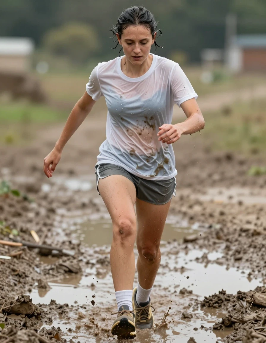 photo of young woman, in soaking wet, drenched clothes,
running sneakers, short white socks, shorts, t shirt, , 
enjoying, wet clothes stuck to body,
detailed textures of the wet clothes, wet face, wet plastered hair,
wet, drenched, professional, high-quality details, full body view.
sharp focus, ultra-high pixel detail, realistic, high-quality, full colors, incredibly detailed, 4k, 8k, 16k, hyper-realistic, RAW photo, masterpiece, ultra-detailed, professionally color graded, professional photograph, crossing a mud puddle, one leg muddy, wet skin, wet clothes, damp fabric