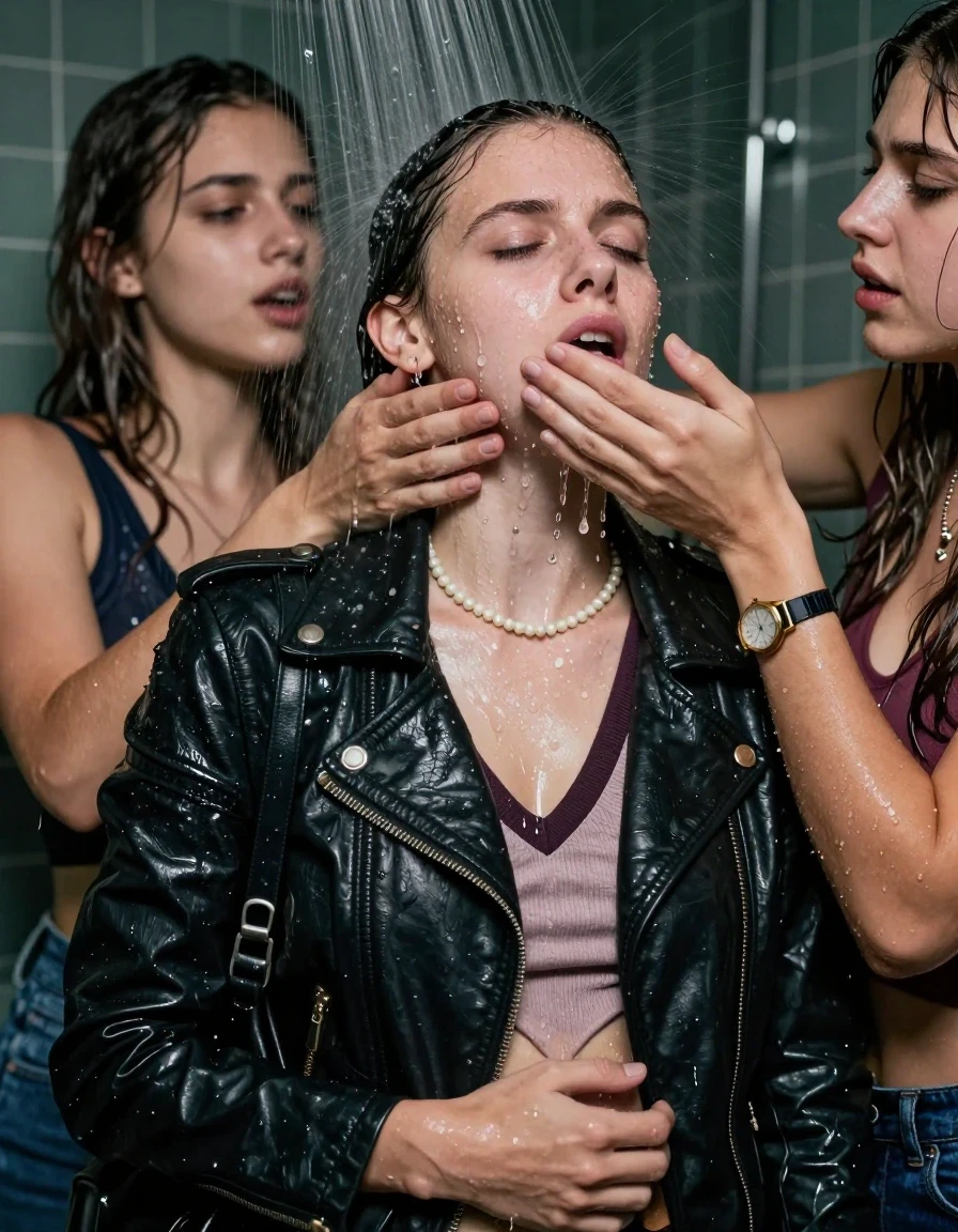 photo of young woman, in soaking wet, drenched clothes,
, , Biker leatherjacket, v- neck sweater belly free, shoulderbag, pearl necklace, bracelet, wristwatch, Intense Orgasm Under the shower, strong jet of water, party room, 
enjoying, wet clothes stuck to body,
detailed textures of the wet clothes, wet face, wet plastered hair,
wet, drenched, professional, high-quality details, full body view.
sharp focus, ultra-high pixel detail, realistic, high-quality, full colors, incredibly detailed, 4k, 8k, 16k, hyper-realistic, RAW photo, masterpiece, ultra-detailed, professionally color graded, professional photograph, Topknot

 21 years old  school girl and her female  friends

Only head and shoulders are over the surface visible. Looking up to the side.  closed eyes . Her mouth is covered by her friends Hand. hugs her friend. Water running down her face and neck.

The girls wear different clothes.

she is completely underwater up to her neck, horny and painful expression. 

her clothing is soaking wet and clinging tightly to her skin, showing heavy wet folds, darkened fabric texture, and deep water-saturated Patches, her clothes are heavy from the water, water runs from her body and her clothes in streams. A lot of water also runs out of her clothes. Her clothes are darkened by the water. Her submerged clothes are good visible under the water.  she soaked her handbag into the water.

close up view, wet skin, wet clothes, wet hair, damp fabric, water runs down the clothes, wet skin, wet clothes, damp fabric. cinematic medium shot, hyper-realistic wetness, high-contrast water sheen, sharp focus, 16k resolution, professional photography, realistic water physics., wet skin, wet clothes, damp fabric, wet skin, wet clothes, damp fabric, wet skin, wet clothes, damp fabric, wet skin, wet clothes, damp fabric, wet skin, wet clothes, damp fabric, wet skin, wet clothes, damp fabric, wet skin, wet clothes, damp fabric, wet skin, wet clothes, damp fabric, wet skin, wet clothes, damp fabric