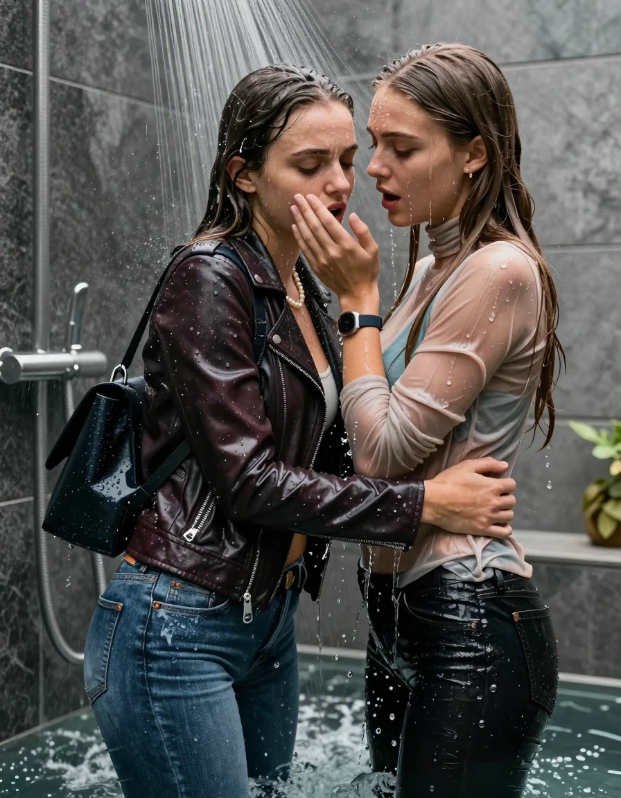 photo of young woman, in soaking wet, drenched clothes,
, Skinny jeans, Leatherjacket, Long sleeve turtleneck sweater belly free, shoulderbag, pearl necklace, bracelet, wristwatch, Under the shower emerging in a tube, strong jet with tons of water, at modern villa, 
enjoying, wet clothes stuck to body,
detailed textures of the wet clothes, wet face, wet plastered hair,
wet, drenched, professional, high-quality details, full body view.
sharp focus, ultra-high pixel detail, realistic, high-quality, full colors, incredibly detailed, 4k, 8k, 16k, hyper-realistic, RAW photo, masterpiece, ultra-detailed, professionally color graded, professional photograph, Long Sleek straight hair

Two 15-years-old  teenage girl and her female  friends

Only head and shoulders are over the surface visible. Looking down. Open mouth. Covers the mouth of her friend with a hand.   hugs her friend. Water running down her face and neck.

The girls wear different clothes and jackets.

she is completely underwater up to her neck, afraid and astonished expression. 

her clothing is soaking wet and clinging tightly to her skin, showing heavy wet folds, darkened fabric texture, and deep water-saturated Patches, her clothes are heavy from the water, water runs from her body and her clothes in streams. A lot of water also runs out of her clothes. Her clothes are darkened by the water. Her submerged clothes are good visible under the water.  she soaked her handbag into the water.

close up view, wet skin, wet clothes, wet hair, damp fabric, water runs down the clothes, wet skin, wet clothes, damp fabric. cinematic medium shot, hyper-realistic wetness, high-contrast water sheen, sharp focus, 16k resolution, professional photography, realistic water physics., wet skin, wet clothes, damp fabric, wet skin, wet clothes, damp fabric, wet skin, wet clothes, damp fabric, wet skin, wet clothes, damp fabric, wet skin, wet clothes, damp fabric, wet skin, wet clothes, damp fabric, wet skin, wet clothes, damp fabric, wet skin, wet clothes, damp fabric, wet skin, wet clothes, damp fabric