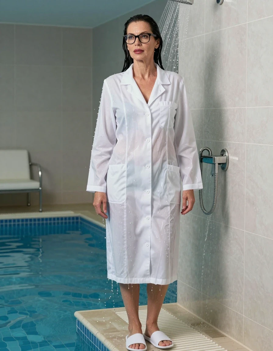 photo of young woman, in soaking wet, drenched clothes,
white slippers, maxi white labdress, maxi white labdress, taking shower after bath in indoor swimming pool, enjoying wet clothes stuck body, enjoying, wet clothes stuck to body, 
enjoying, wet clothes stuck to body,
detailed textures of the wet clothes, wet face, wet plastered hair,
wet, drenched, professional, high-quality details, full body view.
sharp focus, ultra-high pixel detail, realistic, high-quality, full colors, incredibly detailed, 4k, 8k, 16k, hyper-realistic, RAW photo, masterpiece, ultra-detailed, professionally color graded, professional photograph, europen brunette skinny woman 50 years old, long dark black hair, office glasses, very big and thick lips, complete body, wet skin, wet clothes, damp fabric, wet skin, wet clothes, damp fabric, wet skin, wet clothes, damp fabric, wet skin, wet clothes, damp fabric, wet skin, wet clothes, damp fabric, wet skin, wet clothes, damp fabric, wet skin, wet clothes, damp fabric