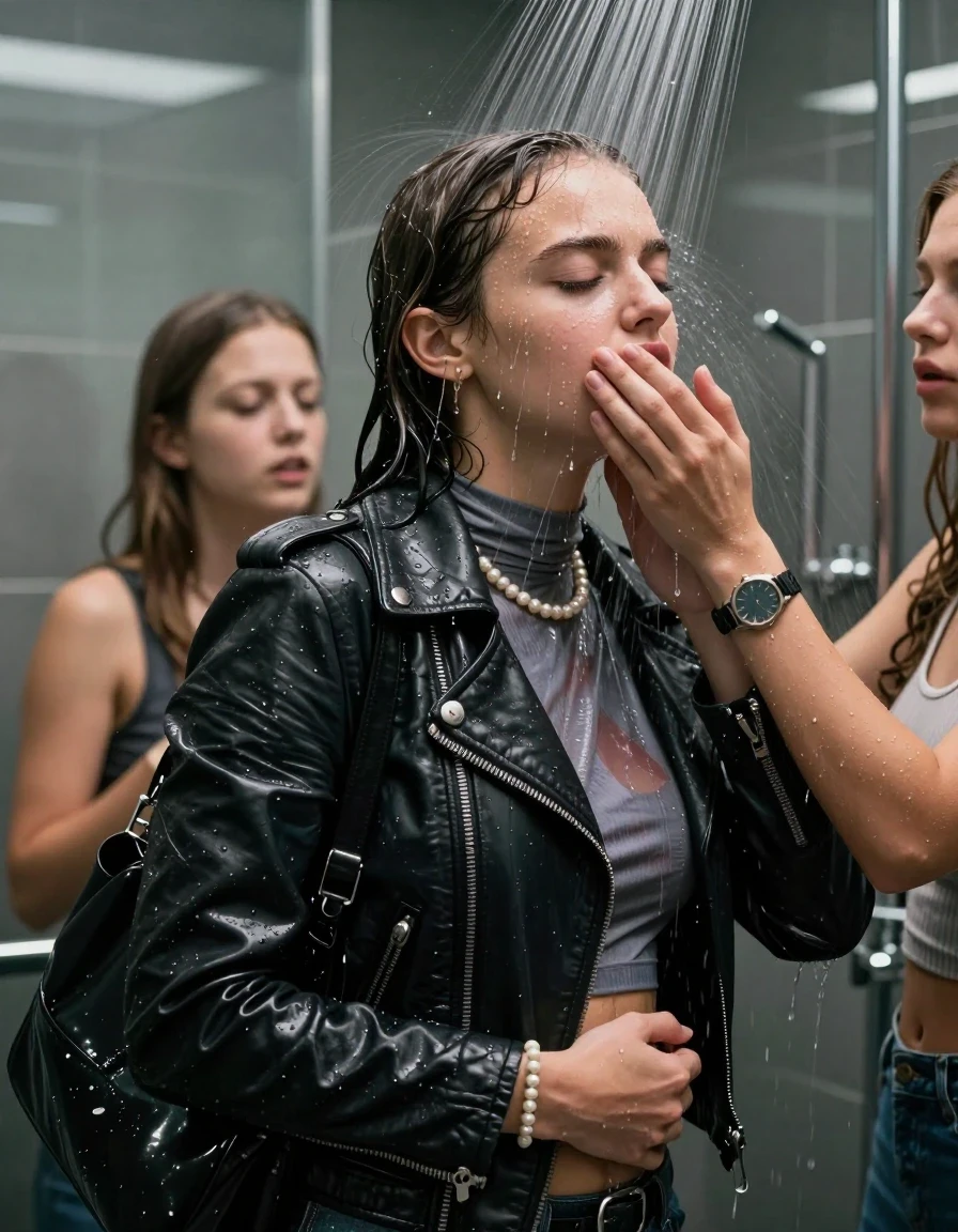 photo of young woman, in soaking wet, drenched clothes,
, , Biker leatherjacket, tight turtleneck sweater belly free, shoulderbag, pearl necklace, bracelet, wristwatch, Intense Orgasm Under the shower, strong jet of water, modern mirrored bathroom, 
enjoying, wet clothes stuck to body,
detailed textures of the wet clothes, wet face, wet plastered hair,
wet, drenched, professional, high-quality details, full body view.
sharp focus, ultra-high pixel detail, realistic, high-quality, full colors, incredibly detailed, 4k, 8k, 16k, hyper-realistic, RAW photo, masterpiece, ultra-detailed, professionally color graded, professional photograph, Sleek long  ponytail with bangs

 21 years old  school girl and her female  friends

Only head and shoulders are over the surface visible. Looking slightly away. Open mouth, closed eyes . Her mouth is covered by her friends Hand. hugs her friend. Water running down her face and neck.

The girls wear different clothes.

she is completely underwater up to her neck, horny and painful expression. 

her clothing is soaking wet and clinging tightly to her skin, showing heavy wet folds, darkened fabric texture, and deep water-saturated Patches, her clothes are heavy from the water, water runs from her body and her clothes in streams. A lot of water also runs out of her clothes. Her clothes are darkened by the water. Her submerged clothes are good visible under the water.  she soaked her handbag into the water.

close up view, wet skin, wet clothes, wet hair, damp fabric, water runs down the clothes, wet skin, wet clothes, damp fabric. cinematic medium shot, hyper-realistic wetness, high-contrast water sheen, sharp focus, 16k resolution, professional photography, realistic water physics., wet skin, wet clothes, damp fabric, wet skin, wet clothes, damp fabric, wet skin, wet clothes, damp fabric, wet skin, wet clothes, damp fabric, wet skin, wet clothes, damp fabric, wet skin, wet clothes, damp fabric, wet skin, wet clothes, damp fabric, wet skin, wet clothes, damp fabric, wet skin, wet clothes, damp fabric