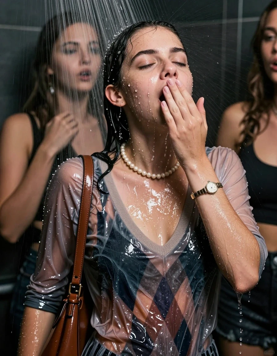 photo of young woman, in soaking wet, drenched clothes,
, , v-neck sweater with diamond pattern belly free, shoulderbag , Pearl necklace, bracelet, wristwatch, Under the shower, strong jet of water, party room, 
enjoying, wet clothes stuck to body,
detailed textures of the wet clothes, wet face, wet plastered hair,
wet, drenched, professional, high-quality details, full body view.
sharp focus, ultra-high pixel detail, realistic, high-quality, full colors, incredibly detailed, 4k, 8k, 16k, hyper-realistic, RAW photo, masterpiece, ultra-detailed, professionally color graded, professional photograph, 18 year old teenage girl and her friend 

Only head and shoulders are over the surface visible. Open mouth, closed eyes. Looking up. Hands over mouth. Water running down her face and neck

The girls wear different clothes.

she is completely underwater up to her neck, afraid and astonished expression. 

her clothing is soaking wet and clinging tightly to her skin, showing heavy wet folds, darkened fabric texture, and deep water-saturated Patches, her clothes are heavy from the water, water runs from her body and her clothes in streams. A lot of water also runs out of her clothes. Her clothes are darkened by the water. Her submerged clothes are good visible under the water.  she soaked her handbag into the water.

close up view, wet skin, wet clothes, wet hair, damp fabric, water runs down the clothes, wet skin, wet clothes, damp fabric. cinematic medium shot, hyper-realistic wetness, high-contrast water sheen, sharp focus, 16k resolution, professional photography, realistic water physics., wet skin, wet clothes, damp fabric, wet skin, wet clothes, damp fabric, wet skin, wet clothes, damp fabric, wet skin, wet clothes, damp fabric, wet skin, wet clothes, damp fabric, wet skin, wet clothes, damp fabric, wet skin, wet clothes, damp fabric