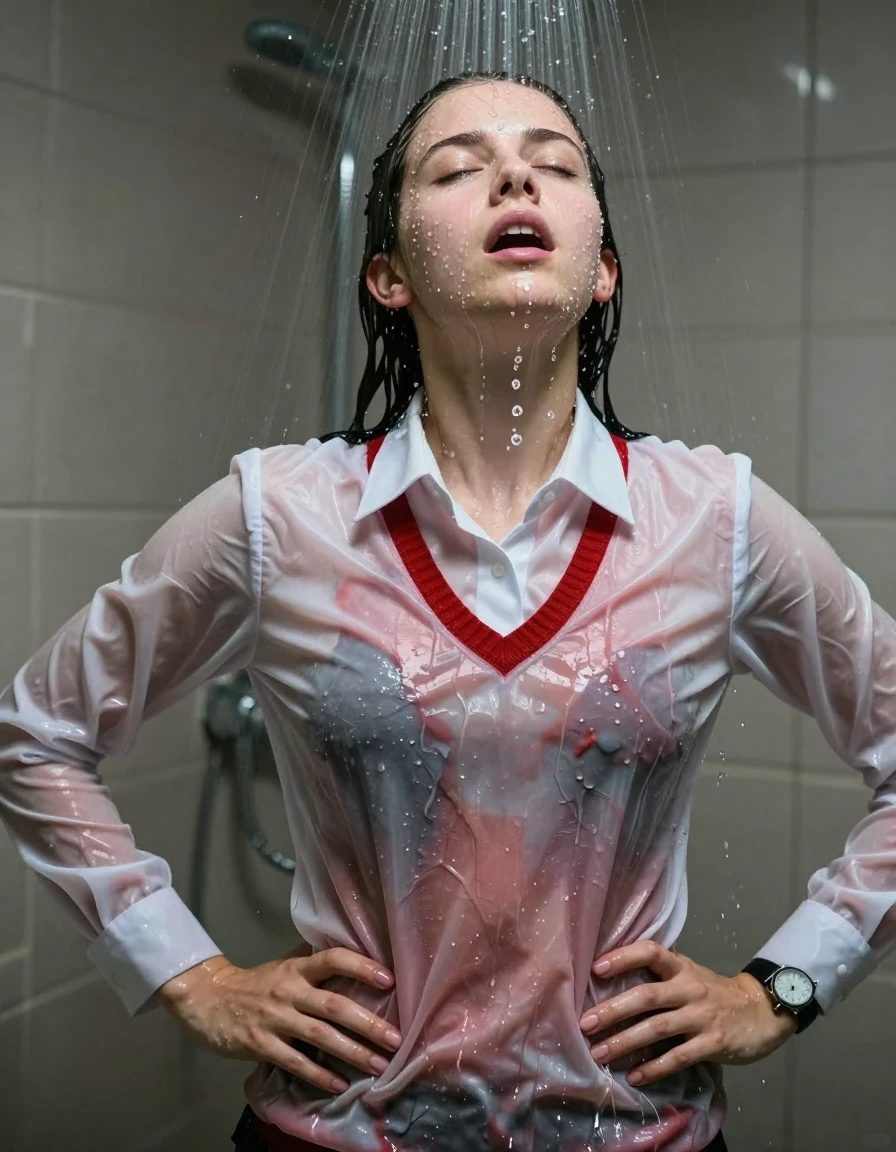 photo of young woman, in soaking wet, drenched clothes,
, , Red v-neck jumper, long sleeve smart white school shirt bracelet, wristwatch, Under the shower, strong jet of water, party room, 
enjoying, wet clothes stuck to body,
detailed textures of the wet clothes, wet face, wet plastered hair,
wet, drenched, professional, high-quality details, full body view.
sharp focus, ultra-high pixel detail, realistic, high-quality, full colors, incredibly detailed, 4k, 8k, 16k, hyper-realistic, RAW photo, masterpiece, ultra-detailed, professionally color graded, professional photograph, An 18 year old lady

Only head and shoulders are over the surface visible. Open mouth, closed eyes. Looking up. Hands on hips. Water running down her face and neck

The girls wear same clothes.

she is completely underwater up to her neck, surprised and astonished expression. 

her clothing is soaking wet and clinging tightly to her skin, showing heavy wet folds, darkened fabric texture, and deep water-saturated Patches, her clothes are heavy from the water, water runs from her body and her clothes in streams. A lot of water also runs out of her clothes. Her clothes are darkened by the water. Her submerged clothes are good visible under the water.  she soaked her handbag into the water.

close up view, wet skin, wet clothes, wet hair, damp fabric, water runs down the clothes, wet skin, wet clothes, damp fabric. cinematic medium shot, hyper-realistic wetness, high-contrast water sheen, sharp focus, 16k resolution, professional photography, realistic water physics., wet skin, wet clothes, damp fabric, wet skin, wet clothes, damp fabric, wet skin, wet clothes, damp fabric, wet skin, wet clothes, damp fabric, wet skin, wet clothes, damp fabric, wet skin, wet clothes, damp fabric