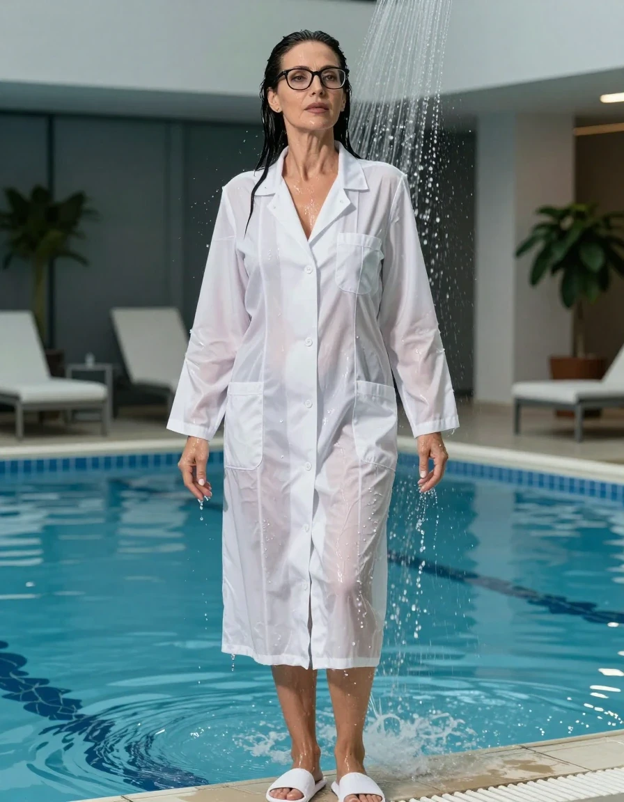 photo of young woman, in soaking wet, drenched clothes,
white slippers, maxi white labdress, maxi white labdress, taking shower after bath in indoor swimming pool, enjoying wet clothes stuck body, enjoying, wet clothes stuck to body, 
enjoying, wet clothes stuck to body,
detailed textures of the wet clothes, wet face, wet plastered hair,
wet, drenched, professional, high-quality details, full body view.
sharp focus, ultra-high pixel detail, realistic, high-quality, full colors, incredibly detailed, 4k, 8k, 16k, hyper-realistic, RAW photo, masterpiece, ultra-detailed, professionally color graded, professional photograph, europen brunette skinny woman 50 years old, long dark black hair, office glasses, very big and thick lips, complete body, wet skin, wet clothes, damp fabric, wet skin, wet clothes, damp fabric, wet skin, wet clothes, damp fabric, wet skin, wet clothes, damp fabric, wet skin, wet clothes, damp fabric, wet skin, wet clothes, damp fabric, wet skin, wet clothes, damp fabric