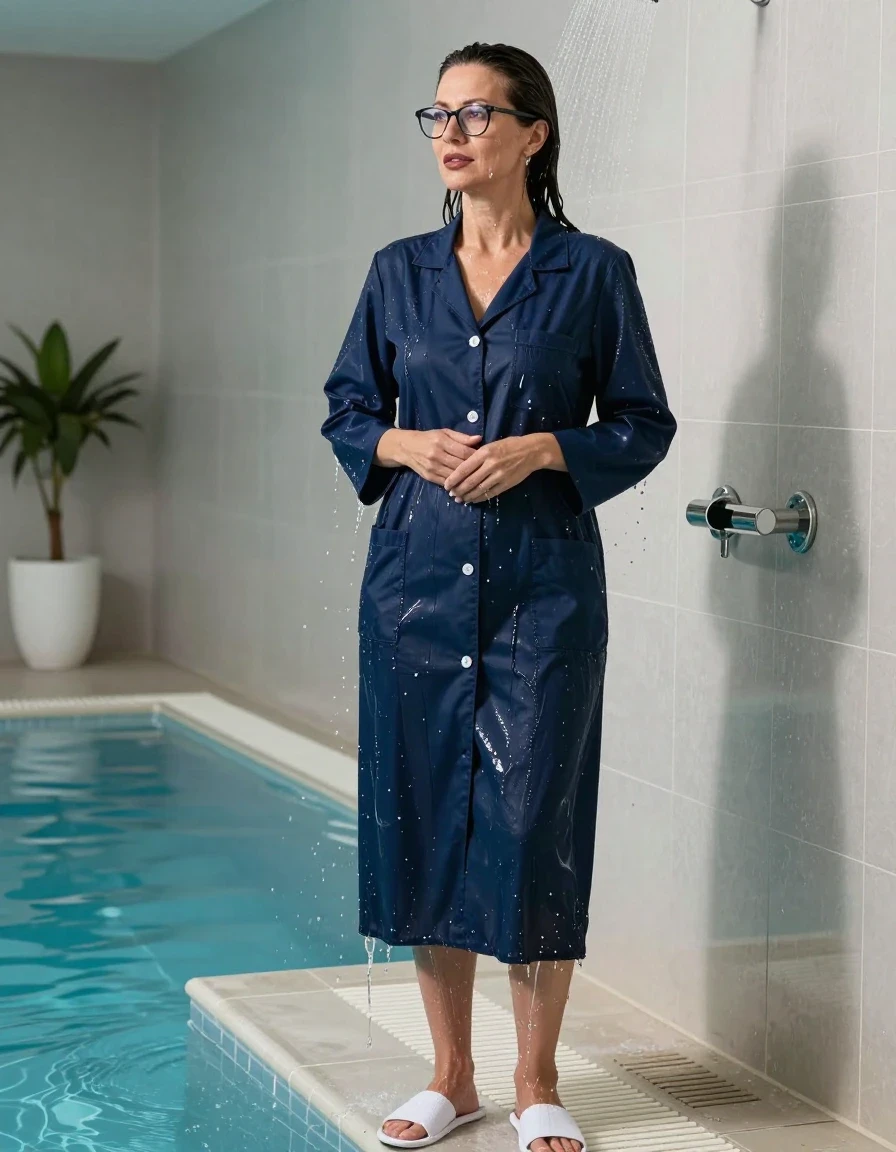 photo of young woman, in soaking wet, drenched clothes,
white slippers, maxi dark blue labdress, maxi dark blue labdress, taking shower after bath in indoor swimming pool, enjoying wet clothes stuck body, enjoying, wet clothes stuck to body, 
enjoying, wet clothes stuck to body,
detailed textures of the wet clothes, wet face, wet plastered hair,
wet, drenched, professional, high-quality details, full body view.
sharp focus, ultra-high pixel detail, realistic, high-quality, full colors, incredibly detailed, 4k, 8k, 16k, hyper-realistic, RAW photo, masterpiece, ultra-detailed, professionally color graded, professional photograph, europen brunette skinny woman 50 years old, long dark black hair, office glasses, very big and thick lips, complete body, wet skin, wet clothes, damp fabric, wet skin, wet clothes, damp fabric, wet skin, wet clothes, damp fabric, wet skin, wet clothes, damp fabric, wet skin, wet clothes, damp fabric, wet skin, wet clothes, damp fabric, wet skin, wet clothes, damp fabric