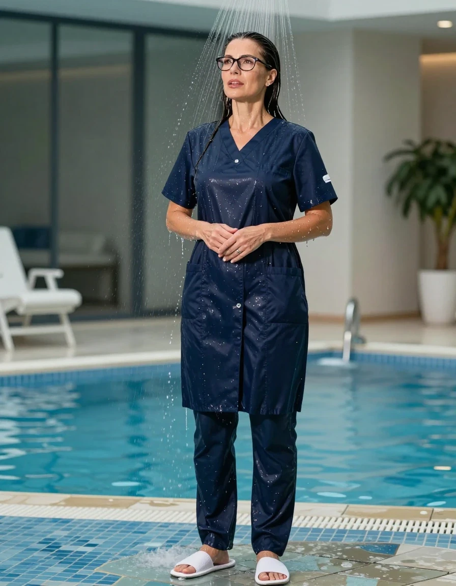 photo of young woman, in soaking wet, drenched clothes,
white slippers, dark blue scrubs, dark blue scrubs, maxi dark blue labcoat, taking shower after bath in indoor swimming pool, enjoying wet clothes stuck body, enjoying, wet clothes stuck to body, 
enjoying, wet clothes stuck to body,
detailed textures of the wet clothes, wet face, wet plastered hair,
wet, drenched, professional, high-quality details, full body view.
sharp focus, ultra-high pixel detail, realistic, high-quality, full colors, incredibly detailed, 4k, 8k, 16k, hyper-realistic, RAW photo, masterpiece, ultra-detailed, professionally color graded, professional photograph, europen brunette skinny woman 50 years old, long dark black hair, office glasses, very big and thick lips, complete body, wet skin, wet clothes, damp fabric, wet skin, wet clothes, damp fabric, wet skin, wet clothes, damp fabric, wet skin, wet clothes, damp fabric, wet skin, wet clothes, damp fabric, wet skin, wet clothes, damp fabric, wet skin, wet clothes, damp fabric