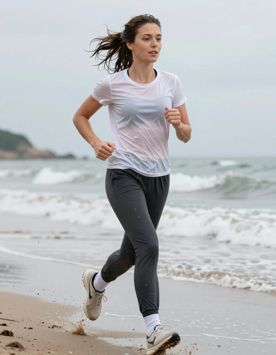 photo of young woman, in soaking wet, drenched clothes,
running sneakers, white  socks, sweatpants, white t shirt, running in beach, 
enjoying, wet clothes stuck to body,
detailed textures of the wet clothes, wet face, wet plastered hair,
wet, drenched, professional, high-quality details, full body view.
sharp focus, ultra-high pixel detail, realistic, high-quality, full colors, incredibly detailed, 4k, 8k, 16k, hyper-realistic, RAW photo, masterpiece, ultra-detailed, professionally color graded, professional photograph, wet skin, wet clothes, damp fabric