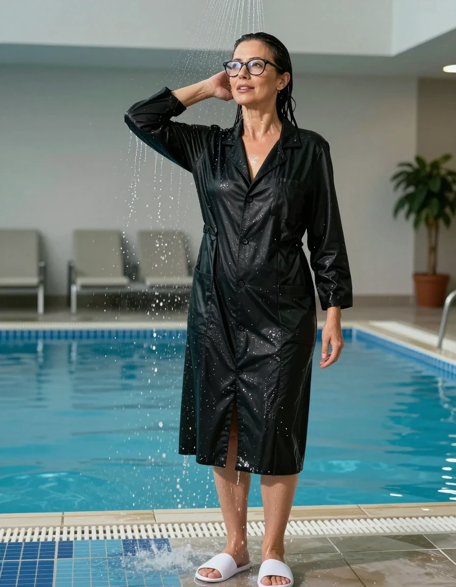 photo of young woman, in soaking wet, drenched clothes,
white slippers, maxi black labdress, maxi black labdress, taking shower after bath in indoor swimming pool, enjoying wet clothes stuck body, enjoying, wet clothes stuck to body, 
enjoying, wet clothes stuck to body,
detailed textures of the wet clothes, wet face, wet plastered hair,
wet, drenched, professional, high-quality details, full body view.
sharp focus, ultra-high pixel detail, realistic, high-quality, full colors, incredibly detailed, 4k, 8k, 16k, hyper-realistic, RAW photo, masterpiece, ultra-detailed, professionally color graded, professional photograph, europen brunette skinny woman 50 years old, long dark black hair, office glasses, very big and thick lips, complete body, wet skin, wet clothes, damp fabric, wet skin, wet clothes, damp fabric, wet skin, wet clothes, damp fabric, wet skin, wet clothes, damp fabric, wet skin, wet clothes, damp fabric, wet skin, wet clothes, damp fabric, wet skin, wet clothes, damp fabric