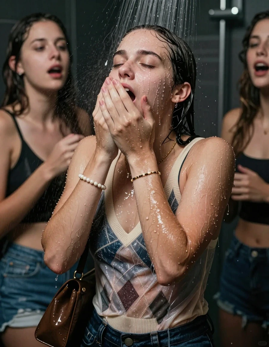 photo of young woman, in soaking wet, drenched clothes,
, , v-neck sweater with diamond pattern belly free, shoulderbag , Pearl necklace, bracelet, wristwatch, Under the shower, strong jet of water, party room, 
enjoying, wet clothes stuck to body,
detailed textures of the wet clothes, wet face, wet plastered hair,
wet, drenched, professional, high-quality details, full body view.
sharp focus, ultra-high pixel detail, realistic, high-quality, full colors, incredibly detailed, 4k, 8k, 16k, hyper-realistic, RAW photo, masterpiece, ultra-detailed, professionally color graded, professional photograph, 18 year old teenage girl and her friend 

Only head and shoulders are over the surface visible. Open mouth, closed eyes. Looking up. Hands over mouth. Water running down her face and neck

The girls wear different clothes.

she is completely underwater up to her neck, afraid and astonished expression. 

her clothing is soaking wet and clinging tightly to her skin, showing heavy wet folds, darkened fabric texture, and deep water-saturated Patches, her clothes are heavy from the water, water runs from her body and her clothes in streams. A lot of water also runs out of her clothes. Her clothes are darkened by the water. Her submerged clothes are good visible under the water.  she soaked her handbag into the water.

close up view, wet skin, wet clothes, wet hair, damp fabric, water runs down the clothes, wet skin, wet clothes, damp fabric. cinematic medium shot, hyper-realistic wetness, high-contrast water sheen, sharp focus, 16k resolution, professional photography, realistic water physics., wet skin, wet clothes, damp fabric, wet skin, wet clothes, damp fabric, wet skin, wet clothes, damp fabric, wet skin, wet clothes, damp fabric, wet skin, wet clothes, damp fabric, wet skin, wet clothes, damp fabric, wet skin, wet clothes, damp fabric