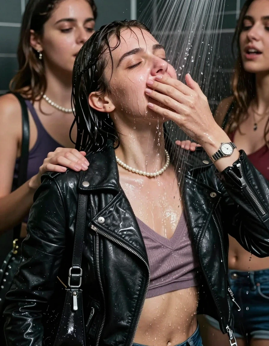 photo of young woman, in soaking wet, drenched clothes,
, , Biker leatherjacket, v- neck sweater belly free, shoulderbag, pearl necklace, bracelet, wristwatch, Intense Orgasm Under the shower, strong jet of water, party room, 
enjoying, wet clothes stuck to body,
detailed textures of the wet clothes, wet face, wet plastered hair,
wet, drenched, professional, high-quality details, full body view.
sharp focus, ultra-high pixel detail, realistic, high-quality, full colors, incredibly detailed, 4k, 8k, 16k, hyper-realistic, RAW photo, masterpiece, ultra-detailed, professionally color graded, professional photograph, Sleek long  ponytail with bangs

 21 years old  school girl and her female  friends

Only head and shoulders are over the surface visible. Looking up to the side.  closed eyes . Her mouth is covered by her friends Hand. hugs her friend. Water running down her face and neck.

The girls wear different clothes.

she is completely underwater up to her neck, horny and painful expression. 

her clothing is soaking wet and clinging tightly to her skin, showing heavy wet folds, darkened fabric texture, and deep water-saturated Patches, her clothes are heavy from the water, water runs from her body and her clothes in streams. A lot of water also runs out of her clothes. Her clothes are darkened by the water. Her submerged clothes are good visible under the water.  she soaked her handbag into the water.

close up view, wet skin, wet clothes, wet hair, damp fabric, water runs down the clothes, wet skin, wet clothes, damp fabric. cinematic medium shot, hyper-realistic wetness, high-contrast water sheen, sharp focus, 16k resolution, professional photography, realistic water physics., wet skin, wet clothes, damp fabric, wet skin, wet clothes, damp fabric, wet skin, wet clothes, damp fabric, wet skin, wet clothes, damp fabric, wet skin, wet clothes, damp fabric, wet skin, wet clothes, damp fabric, wet skin, wet clothes, damp fabric, wet skin, wet clothes, damp fabric, wet skin, wet clothes, damp fabric
