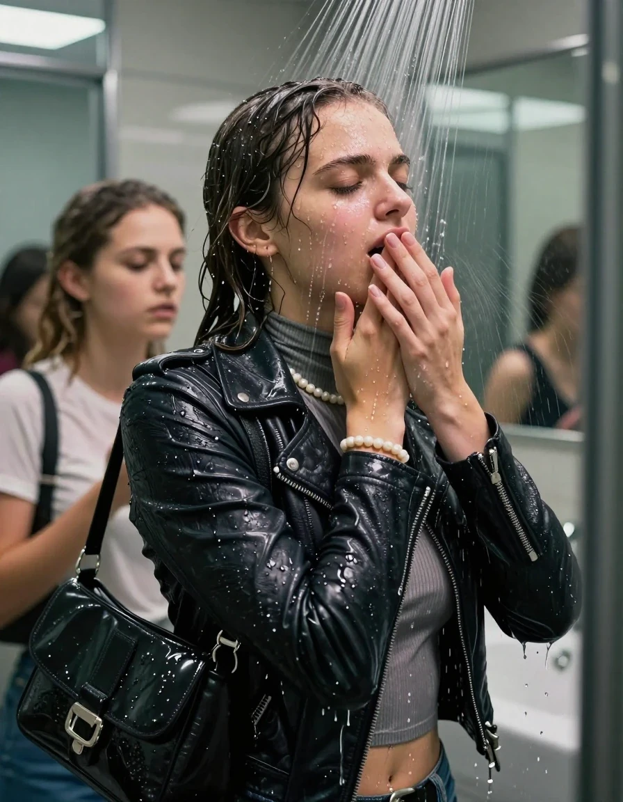 photo of young woman, in soaking wet, drenched clothes,
, , Biker leatherjacket, tight turtleneck sweater belly free, shoulderbag, pearl necklace, bracelet, wristwatch, Intense Orgasm Under the shower, strong jet of water, modern mirrored bathroom, 
enjoying, wet clothes stuck to body,
detailed textures of the wet clothes, wet face, wet plastered hair,
wet, drenched, professional, high-quality details, full body view.
sharp focus, ultra-high pixel detail, realistic, high-quality, full colors, incredibly detailed, 4k, 8k, 16k, hyper-realistic, RAW photo, masterpiece, ultra-detailed, professionally color graded, professional photograph, Sleek long  ponytail with bangs

 21 years old  school girl and her female  friends

Only head and shoulders are over the surface visible. Looking slightly away. Open mouth, closed eyes . Her mouth is covered by her friends Hand. hugs her friend. Water running down her face and neck.

The girls wear different clothes.

she is completely underwater up to her neck, horny and painful expression. 

her clothing is soaking wet and clinging tightly to her skin, showing heavy wet folds, darkened fabric texture, and deep water-saturated Patches, her clothes are heavy from the water, water runs from her body and her clothes in streams. A lot of water also runs out of her clothes. Her clothes are darkened by the water. Her submerged clothes are good visible under the water.  she soaked her handbag into the water.

close up view, wet skin, wet clothes, wet hair, damp fabric, water runs down the clothes, wet skin, wet clothes, damp fabric. cinematic medium shot, hyper-realistic wetness, high-contrast water sheen, sharp focus, 16k resolution, professional photography, realistic water physics., wet skin, wet clothes, damp fabric, wet skin, wet clothes, damp fabric, wet skin, wet clothes, damp fabric, wet skin, wet clothes, damp fabric, wet skin, wet clothes, damp fabric, wet skin, wet clothes, damp fabric, wet skin, wet clothes, damp fabric, wet skin, wet clothes, damp fabric, wet skin, wet clothes, damp fabric
