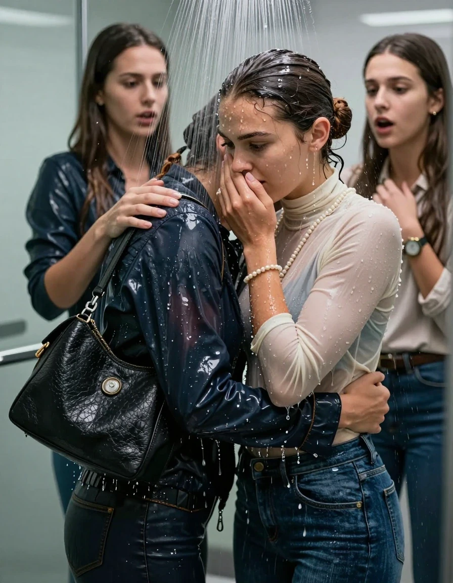 photo of young woman, in soaking wet, drenched clothes,
, Skinny jeans, Long sleeve turtleneck sweater belly free, shoulderbag, pearl necklace, bracelet, wristwatch, Under the shower emerging in a tube, strong jet of water, at office , 
enjoying, wet clothes stuck to body,
detailed textures of the wet clothes, wet face, wet plastered hair,
wet, drenched, professional, high-quality details, full body view.
sharp focus, ultra-high pixel detail, realistic, high-quality, full colors, incredibly detailed, 4k, 8k, 16k, hyper-realistic, RAW photo, masterpiece, ultra-detailed, professionally color graded, professional photograph, Brunette Sleek bun

 15-years-old  teenage girl and her female  friends

Only head and shoulders are over the surface visible. Looking down. Open mouth, big eyes . Covers her nose with a hand. hugs her friend. Water running down her face and neck.

The girls wear different clothes and jackets.

she is completely underwater up to her neck, horny and astonished expression. 

her clothing is soaking wet and clinging tightly to her skin, showing heavy wet folds, darkened fabric texture, and deep water-saturated Patches, her clothes are heavy from the water, water runs from her body and her clothes in streams. A lot of water also runs out of her clothes. Her clothes are darkened by the water. Her submerged clothes are good visible under the water.  she soaked her handbag into the water.

close up view, wet skin, wet clothes, wet hair, damp fabric, water runs down the clothes, wet skin, wet clothes, damp fabric. cinematic medium shot, hyper-realistic wetness, high-contrast water sheen, sharp focus, 16k resolution, professional photography, realistic water physics., wet skin, wet clothes, damp fabric, wet skin, wet clothes, damp fabric, wet skin, wet clothes, damp fabric, wet skin, wet clothes, damp fabric, wet skin, wet clothes, damp fabric, wet skin, wet clothes, damp fabric, wet skin, wet clothes, damp fabric, wet skin, wet clothes, damp fabric, wet skin, wet clothes, damp fabric