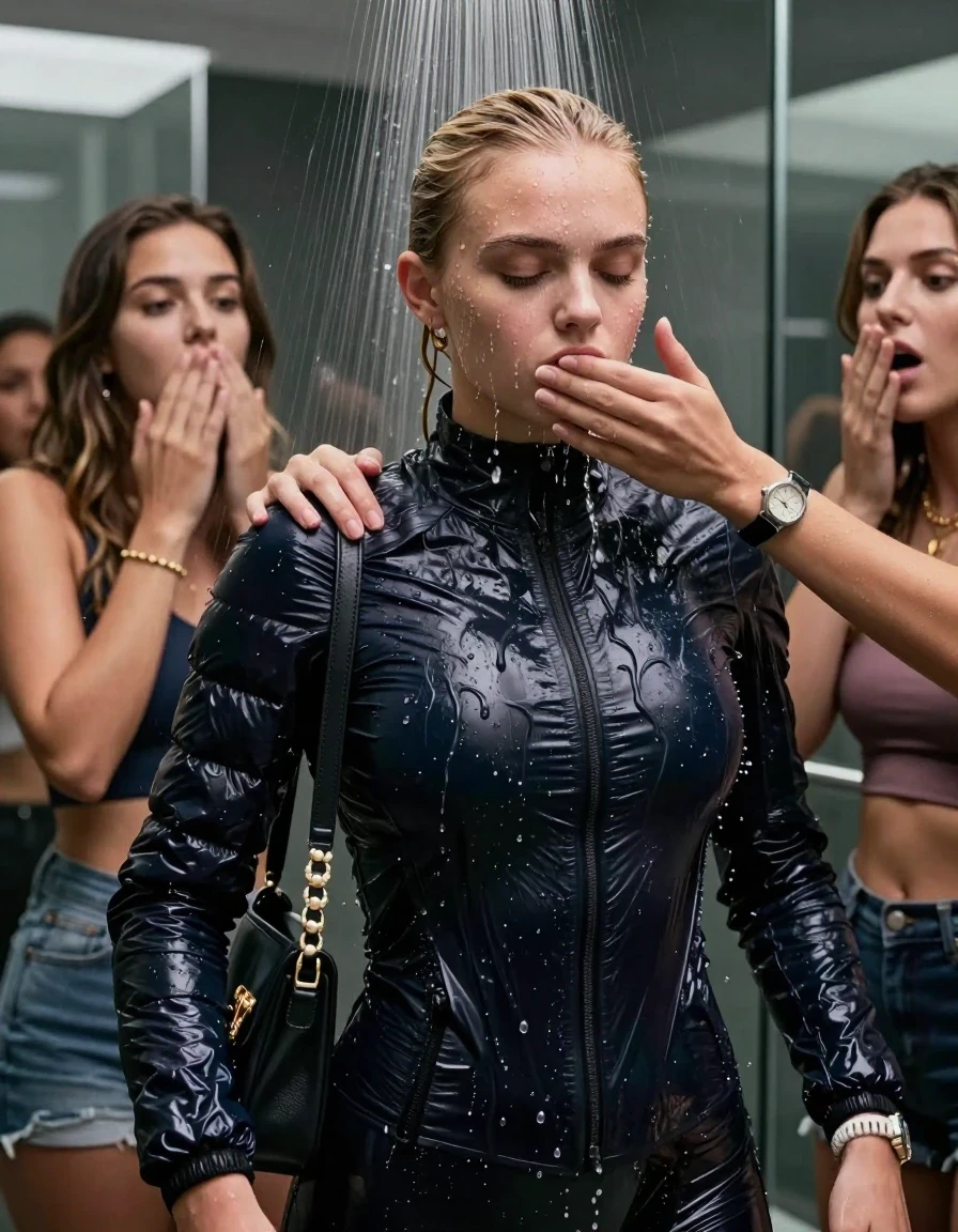 photo of young woman, in soaking wet, drenched clothes,
, , Moncler shiny puffer down jacket, tight turtleneck sweater belly free, shoulderbag, pearl necklace, bracelet, wristwatch, Under the shower, strong jet of water, modern mirrored bathroom, 
enjoying, wet clothes stuck to body,
detailed textures of the wet clothes, wet face, wet plastered hair,
wet, drenched, professional, high-quality details, full body view.
sharp focus, ultra-high pixel detail, realistic, high-quality, full colors, incredibly detailed, 4k, 8k, 16k, hyper-realistic, RAW photo, masterpiece, ultra-detailed, professionally color graded, professional photograph, Blonde Sleek bun

 21 years old  teenage girl and her surprised female  friends

Only head and shoulders are over the surface visible. Looking at Camera . Open mouth, half closed eyes . Her mouth is covered by her friends Hand. hugs her friend. Water running down her face and neck.

The girls wear different clothes.

she is completely underwater up to her neck, horny and astonished expression. 

her clothing is soaking wet and clinging tightly to her skin, showing heavy wet folds, darkened fabric texture, and deep water-saturated Patches, her clothes are heavy from the water, water runs from her body and her clothes in streams. A lot of water also runs out of her clothes. Her clothes are darkened by the water. Her submerged clothes are good visible under the water.  she soaked her handbag into the water.

close up view, wet skin, wet clothes, wet hair, damp fabric, water runs down the clothes, wet skin, wet clothes, damp fabric. cinematic medium shot, hyper-realistic wetness, high-contrast water sheen, sharp focus, 16k resolution, professional photography, realistic water physics., wet skin, wet clothes, damp fabric, wet skin, wet clothes, damp fabric, wet skin, wet clothes, damp fabric, wet skin, wet clothes, damp fabric, wet skin, wet clothes, damp fabric, wet skin, wet clothes, damp fabric, wet skin, wet clothes, damp fabric, wet skin, wet clothes, damp fabric, wet skin, wet clothes, damp fabric