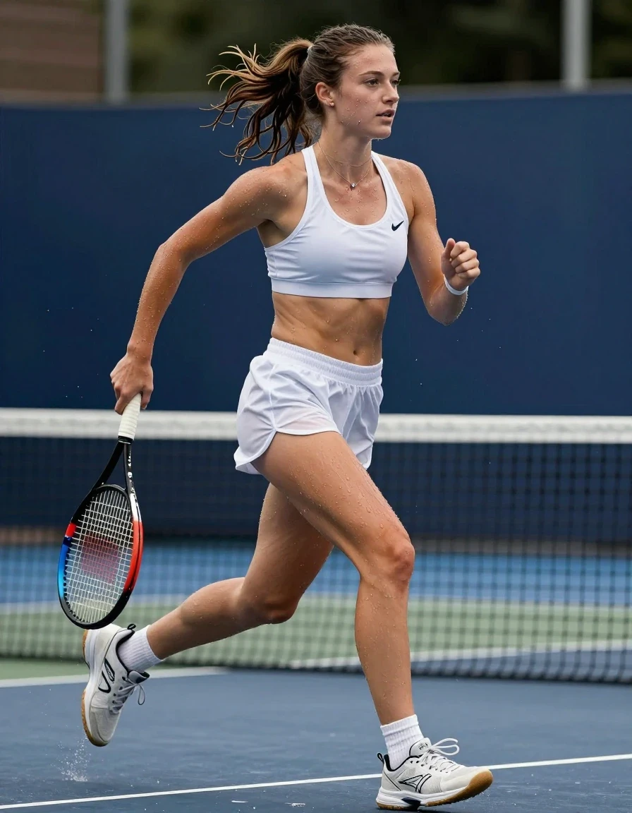 photo of young woman, in soaking wet, drenched clothes,
running sneakers, short white socks, sweatpants, sport bra, , 
enjoying, wet clothes stuck to body,
detailed textures of the wet clothes, wet face, wet plastered hair,
wet, drenched, professional, high-quality details, full body view.
sharp focus, ultra-high pixel detail, realistic, high-quality, full colors, incredibly detailed, 4k, 8k, 16k, hyper-realistic, RAW photo, masterpiece, ultra-detailed, professionally color graded, professional photograph, play  underwater tennis game, wet skin, wet clothes, damp fabric