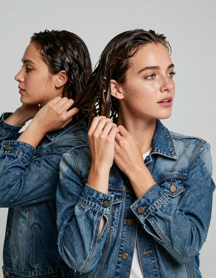 photo of young woman, in soaking wet, drenched clothes,
Shoet Denim jacket, Shower hände in den haaren zwei frauen, 
enjoying, wet clothes stuck to body,
detailed textures of the wet clothes, wet face, wet plastered hair,
wet, drenched, professional, high-quality details, full body view.
sharp focus, ultra-high pixel detail, realistic, high-quality, full colors, incredibly detailed, 4k, 8k, 16k, hyper-realistic, RAW photo, masterpiece, ultra-detailed, professionally color graded, professional photograph, Ausziehen, wet skin, wet clothes, damp fabric