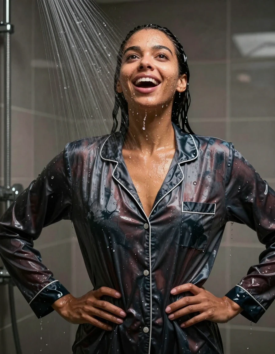 photo of young woman, in soaking wet, drenched clothes,
, , , long sleeve satin pyjamas, Under the shower, strong jet of water, party room, 
enjoying, wet clothes stuck to body,
detailed textures of the wet clothes, wet face, wet plastered hair,
wet, drenched, professional, high-quality details, full body view.
sharp focus, ultra-high pixel detail, realistic, high-quality, full colors, incredibly detailed, 4k, 8k, 16k, hyper-realistic, RAW photo, masterpiece, ultra-detailed, professionally color graded, professional photograph, An 18 year old black lady

Only head and shoulders are over the surface visible. Open mouth smiling, open eyes. Looking up. Hands on hips. Water running down her face and neck
No bra.

she is completely underwater up to her neck, surprised and astonished expression. 

her clothing is soaking wet and clinging tightly to her skin, showing heavy wet folds, darkened fabric texture, and deep water-saturated Patches, her clothes are heavy from the water, water runs from her body and her clothes in streams. A lot of water also runs out of her clothes. Her clothes are darkened by the water. Her submerged clothes are good visible under the water.  she soaked her handbag into the water.

close up view, wet skin, wet clothes, wet hair, damp fabric, water runs down the clothes, wet skin, wet clothes, damp fabric. cinematic medium shot, hyper-realistic wetness, high-contrast water sheen, sharp focus, 16k resolution, professional photography, realistic water physics., wet skin, wet clothes, damp fabric, wet skin, wet clothes, damp fabric, wet skin, wet clothes, damp fabric, wet skin, wet clothes, damp fabric, wet skin, wet clothes, damp fabric, wet skin, wet clothes, damp fabric