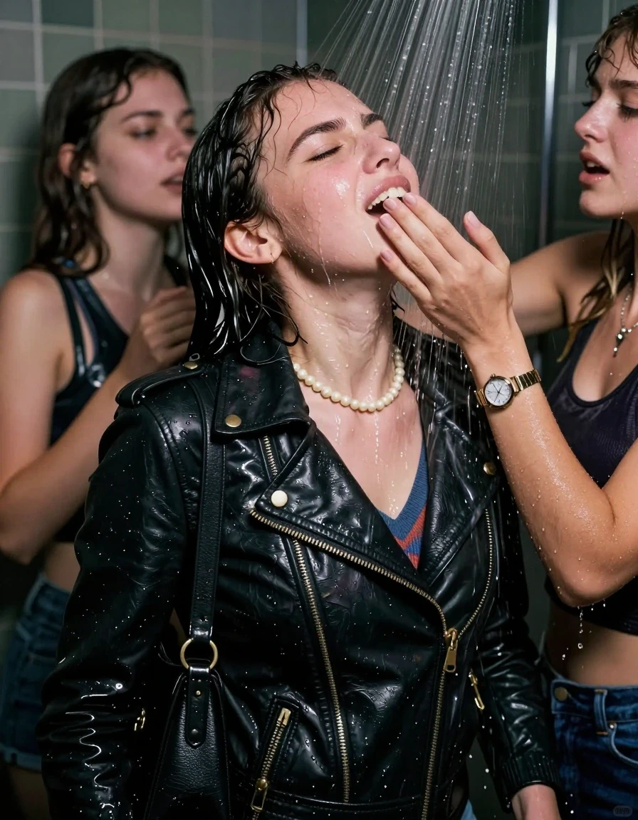 photo of young woman, in soaking wet, drenched clothes,
, , Biker leatherjacket, v- neck sweater belly free, shoulderbag, pearl necklace, bracelet, wristwatch, Intense Orgasm Under the shower, strong jet of water, party room, 
enjoying, wet clothes stuck to body,
detailed textures of the wet clothes, wet face, wet plastered hair,
wet, drenched, professional, high-quality details, full body view.
sharp focus, ultra-high pixel detail, realistic, high-quality, full colors, incredibly detailed, 4k, 8k, 16k, hyper-realistic, RAW photo, masterpiece, ultra-detailed, professionally color graded, professional photograph, Sleek long  ponytail with bangs

 21 years old  school girl and her female  friends

Only head and shoulders are over the surface visible. Looking up to the side.  closed eyes . Her mouth is covered by her friends Hand. hugs her friend. Water running down her face and neck.

The girls wear different clothes.

she is completely underwater up to her neck, horny and painful expression. 

her clothing is soaking wet and clinging tightly to her skin, showing heavy wet folds, darkened fabric texture, and deep water-saturated Patches, her clothes are heavy from the water, water runs from her body and her clothes in streams. A lot of water also runs out of her clothes. Her clothes are darkened by the water. Her submerged clothes are good visible under the water.  she soaked her handbag into the water.

close up view, wet skin, wet clothes, wet hair, damp fabric, water runs down the clothes, wet skin, wet clothes, damp fabric. cinematic medium shot, hyper-realistic wetness, high-contrast water sheen, sharp focus, 16k resolution, professional photography, realistic water physics., wet skin, wet clothes, damp fabric, wet skin, wet clothes, damp fabric, wet skin, wet clothes, damp fabric, wet skin, wet clothes, damp fabric, wet skin, wet clothes, damp fabric, wet skin, wet clothes, damp fabric, wet skin, wet clothes, damp fabric, wet skin, wet clothes, damp fabric, wet skin, wet clothes, damp fabric