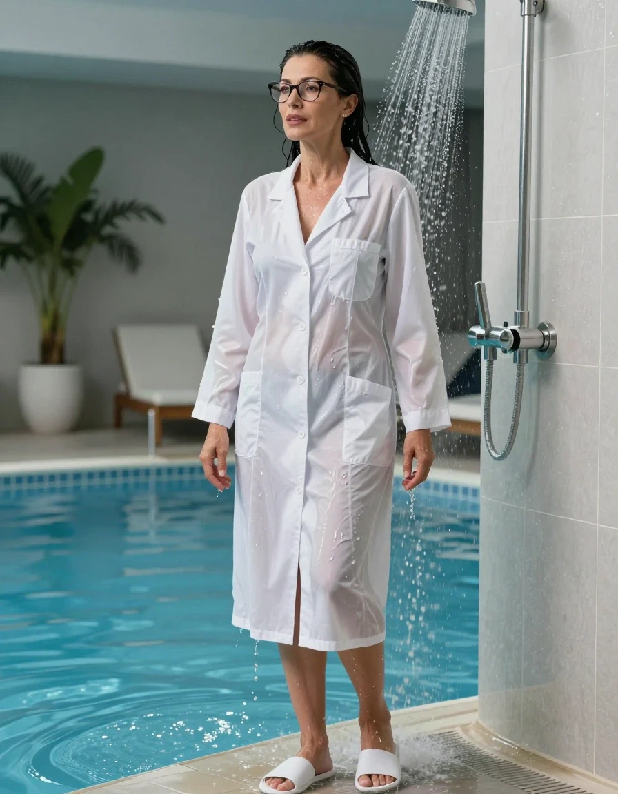 photo of young woman, in soaking wet, drenched clothes,
white slippers, maxi white labdress, maxi white labdress, taking shower after bath in indoor swimming pool, enjoying wet clothes stuck body, enjoying, wet clothes stuck to body, 
enjoying, wet clothes stuck to body,
detailed textures of the wet clothes, wet face, wet plastered hair,
wet, drenched, professional, high-quality details, full body view.
sharp focus, ultra-high pixel detail, realistic, high-quality, full colors, incredibly detailed, 4k, 8k, 16k, hyper-realistic, RAW photo, masterpiece, ultra-detailed, professionally color graded, professional photograph, europen brunette skinny woman 50 years old, long dark black hair, office glasses, very big and thick lips, complete body, wet skin, wet clothes, damp fabric, wet skin, wet clothes, damp fabric, wet skin, wet clothes, damp fabric, wet skin, wet clothes, damp fabric, wet skin, wet clothes, damp fabric, wet skin, wet clothes, damp fabric, wet skin, wet clothes, damp fabric