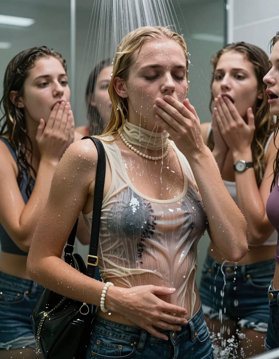 photo of young woman, in soaking wet, drenched clothes,
, , Knit vest, tight turtleneck sweater belly free, shoulderbag, pearl necklace, bracelet, wristwatch, Intense Orgasm Under the shower, strong jet of water, modern mirrored bathroom, 
enjoying, wet clothes stuck to body,
detailed textures of the wet clothes, wet face, wet plastered hair,
wet, drenched, professional, high-quality details, full body view.
sharp focus, ultra-high pixel detail, realistic, high-quality, full colors, incredibly detailed, 4k, 8k, 16k, hyper-realistic, RAW photo, masterpiece, ultra-detailed, professionally color graded, professional photograph, Blonde Sleek long straight hair

 21 years old  teenage girl and her shocked female  friends

Only head and shoulders are over the surface visible. Looking at Camera . Open mouth, half closed eyes . Her mouth is covered by her friends Hand. hugs her friend. Water running down her face and neck.

The girls wear different clothes.

she is completely underwater up to her neck, horny and painful expression. 

her clothing is soaking wet and clinging tightly to her skin, showing heavy wet folds, darkened fabric texture, and deep water-saturated Patches, her clothes are heavy from the water, water runs from her body and her clothes in streams. A lot of water also runs out of her clothes. Her clothes are darkened by the water. Her submerged clothes are good visible under the water.  she soaked her handbag into the water.

close up view, wet skin, wet clothes, wet hair, damp fabric, water runs down the clothes, wet skin, wet clothes, damp fabric. cinematic medium shot, hyper-realistic wetness, high-contrast water sheen, sharp focus, 16k resolution, professional photography, realistic water physics., wet skin, wet clothes, damp fabric, wet skin, wet clothes, damp fabric, wet skin, wet clothes, damp fabric, wet skin, wet clothes, damp fabric, wet skin, wet clothes, damp fabric, wet skin, wet clothes, damp fabric, wet skin, wet clothes, damp fabric, wet skin, wet clothes, damp fabric, wet skin, wet clothes, damp fabric