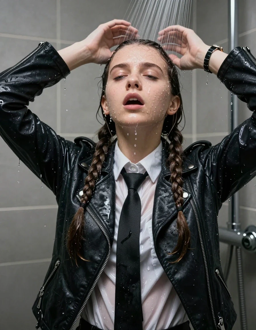 photo of young woman, in soaking wet, drenched clothes,
, , Biker leatherjacket, long sleeve smart white shirt and black tie, bracelet, wristwatch, Under the shower, strong jet of water, party room, 
enjoying, wet clothes stuck to body,
detailed textures of the wet clothes, wet face, wet plastered hair,
wet, drenched, professional, high-quality details, full body view.
sharp focus, ultra-high pixel detail, realistic, high-quality, full colors, incredibly detailed, 4k, 8k, 16k, hyper-realistic, RAW photo, masterpiece, ultra-detailed, professionally color graded, professional photograph, Two long braids 

 15 years old  school girl

Only head and shoulders are over the surface visible. Open mouth, closed eyes. Looking up. Hands up.

The girls wear different clothes.

she is completely underwater up to her neck, surprised and astonished expression. 

her clothing is soaking wet and clinging tightly to her skin, showing heavy wet folds, darkened fabric texture, and deep water-saturated Patches, her clothes are heavy from the water, water runs from her body and her clothes in streams. A lot of water also runs out of her clothes. Her clothes are darkened by the water. Her submerged clothes are good visible under the water.  she soaked her handbag into the water.

close up view, wet skin, wet clothes, wet hair, damp fabric, water runs down the clothes, wet skin, wet clothes, damp fabric. cinematic medium shot, hyper-realistic wetness, high-contrast water sheen, sharp focus, 16k resolution, professional photography, realistic water physics., wet skin, wet clothes, damp fabric, wet skin, wet clothes, damp fabric, wet skin, wet clothes, damp fabric, wet skin, wet clothes, damp fabric, wet skin, wet clothes, damp fabric, wet skin, wet clothes, damp fabric
