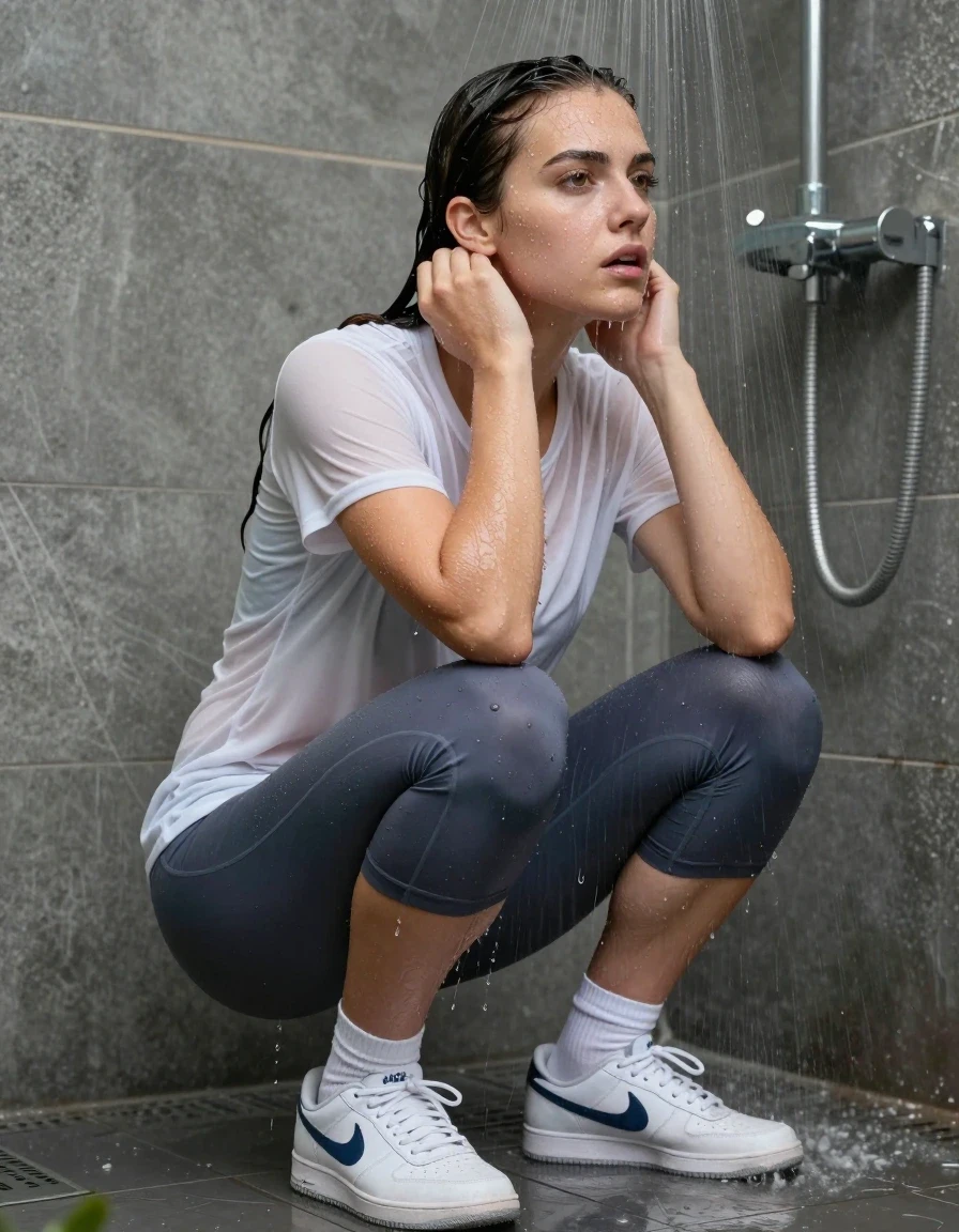 photo of young woman, in soaking wet, drenched clothes,
nike sneakers, white knee socks, capri yoga pants, white t shirt, in shower, 
enjoying, wet clothes stuck to body,
detailed textures of the wet clothes, wet face, wet plastered hair,
wet, drenched, professional, high-quality details, full body view.
sharp focus, ultra-high pixel detail, realistic, high-quality, full colors, incredibly detailed, 4k, 8k, 16k, hyper-realistic, RAW photo, masterpiece, ultra-detailed, professionally color graded, professional photograph, wet skin, wet clothes, damp fabric
