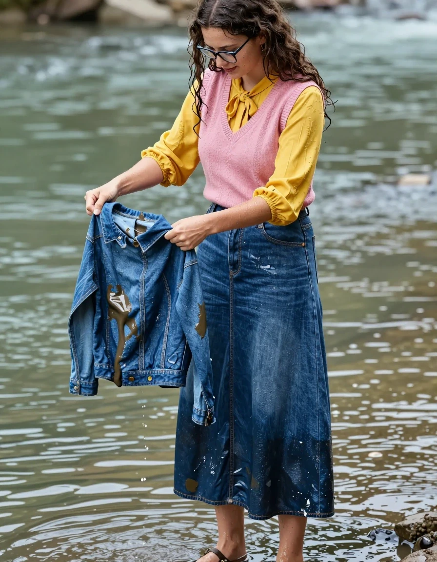 A young adult European woman with long curly hair and glasses, standing at the edge of a river, actively washing mud off her clothes. She is wearing a pink v-neck vest layered over a yellow long-sleeved blouse with a pussy-bow collar, and a floor-length denim skirt paired with sandals. The clothing is visibly saturated with water; the floor-length denim skirt is a soaking-wet blue denim, water-saturated heavyweight denim, blue changed to deep navy and indigo, with substantially darker unevenly soaked patches, absorbed water, heavy wet folds, visible weave and stitching, and strong glossy specular reflections on the raised weave, seams, and creases. Her hair is damp and clinging to her face, and her skin has a realistic wet sheen. The scene is captured with realistic lighting reflecting off the water, showing the weight and texture of the soaked fabrics in the river environment, high-resolution photographic style, sharp focus on the wet textures.