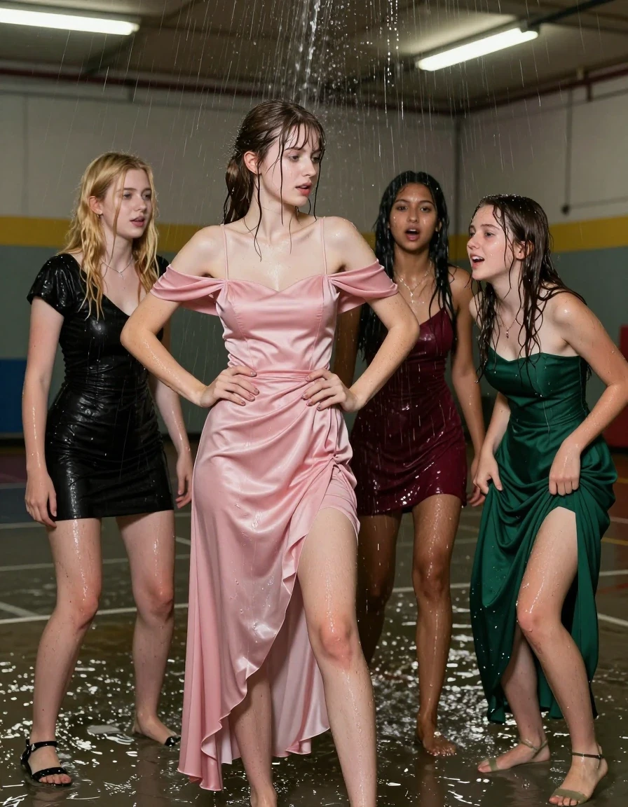photo of young woman, in soaking wet, drenched clothes,
, , dress, 4 college girls playing after homecoming on a dark flooded and abandoned gym with all its lights when it started pouring water from the ceiling on them, they are all dirty and covered in muck, 
enjoying, wet clothes stuck to body,
detailed textures of the wet clothes, wet face, wet plastered hair,
wet, drenched, professional, high-quality details, full body view.
sharp focus, ultra-high pixel detail, realistic, high-quality, full colors, incredibly detailed, 4k, 8k, 16k, hyper-realistic, RAW photo, masterpiece, ultra-detailed, professionally color graded, professional photograph, college girls both having fun together. All a similar age, a nineteen year old girl, with a flat and slim body, skinny body, flat and skinny chest, a She has a wide square young face but a small very skinny waist and skinny legs, a very small chest and very small breasts, she is a pale brunette with ponytail and bangs, She has a small body, She is full of youthful energy. wearing a pink formal satin cocktail dress with a straight neckline and loose off shoulder dress straps, her right dress strap has fallen off her shoulder and down her arm, she has her hands on her hips,. Her friend has blonde hair and is quite skinny, ,a wide square face, she is wearing a fit black short sleeve coctail dress. The third girl is 19, with a tan complexion and dark black hair, she is wearing a maroon mini dress, The 4th girl is brunette with a small body and thin legs, she is wearing a green strapless prom dress and is struggling to keep it pulled up under all the water, all of them except the blonde girl have very small breasts. wet skin, wet clothes, damp fabric,, wet skin, wet clothes, damp fabric, wet skin, wet clothes, damp fabric, wet skin, wet clothes, damp fabric, wet skin, wet clothes, damp fabric, wet skin, wet clothes, damp fabric, wet skin, wet clothes, damp fabric, wet skin, wet clothes, damp fabric, wet skin, wet clothes, damp fabric, wet skin, wet clothes, damp fabric, wet skin, wet clothes, damp fabric