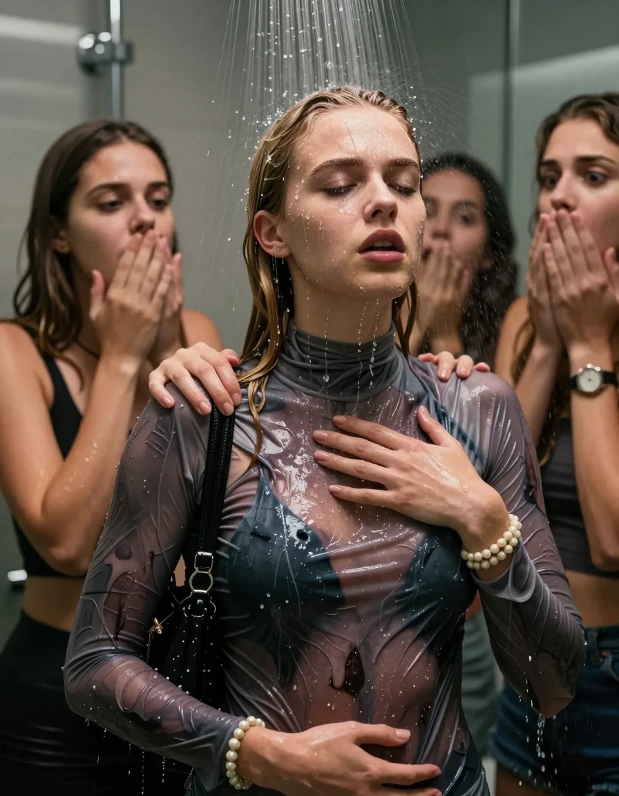 photo of young woman, in soaking wet, drenched clothes,
, ,  tight turtleneck sweater belly free, shoulderbag, pearl necklace, bracelet, wristwatch, Intense Orgasm Under the shower, strong jet of water, modern mirrored bathroom, 
enjoying, wet clothes stuck to body,
detailed textures of the wet clothes, wet face, wet plastered hair,
wet, drenched, professional, high-quality details, full body view.
sharp focus, ultra-high pixel detail, realistic, high-quality, full colors, incredibly detailed, 4k, 8k, 16k, hyper-realistic, RAW photo, masterpiece, ultra-detailed, professionally color graded, professional photograph, Blonde Sleek long straight hair

 21 years old  teenage girl and her shocked female  friends

Only head and shoulders are over the surface visible. Looking at Camera . Open mouth, half closed eyes . Her mouth is covered by her friends Hand. hugs her friend. Water running down her face and neck.

The girls wear different clothes.

she is completely underwater up to her neck, horny and painful expression. 

her clothing is soaking wet and clinging tightly to her skin, showing heavy wet folds, darkened fabric texture, and deep water-saturated Patches, her clothes are heavy from the water, water runs from her body and her clothes in streams. A lot of water also runs out of her clothes. Her clothes are darkened by the water. Her submerged clothes are good visible under the water.  she soaked her handbag into the water.

close up view, wet skin, wet clothes, wet hair, damp fabric, water runs down the clothes, wet skin, wet clothes, damp fabric. cinematic medium shot, hyper-realistic wetness, high-contrast water sheen, sharp focus, 16k resolution, professional photography, realistic water physics., wet skin, wet clothes, damp fabric, wet skin, wet clothes, damp fabric, wet skin, wet clothes, damp fabric, wet skin, wet clothes, damp fabric, wet skin, wet clothes, damp fabric, wet skin, wet clothes, damp fabric, wet skin, wet clothes, damp fabric, wet skin, wet clothes, damp fabric, wet skin, wet clothes, damp fabric