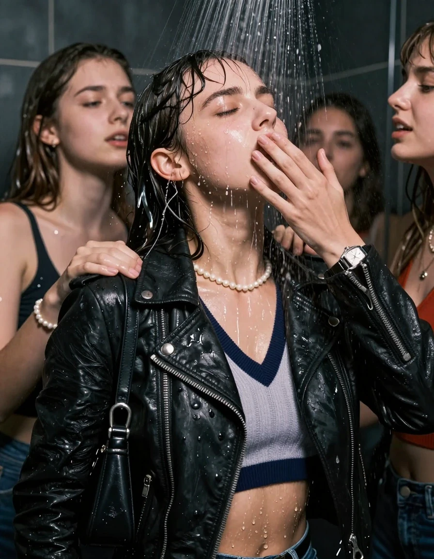 photo of young woman, in soaking wet, drenched clothes,
, , Biker leatherjacket, v- neck sweater belly free, shoulderbag, pearl necklace, bracelet, wristwatch, Intense Orgasm Under the shower, strong jet of water, party room, 
enjoying, wet clothes stuck to body,
detailed textures of the wet clothes, wet face, wet plastered hair,
wet, drenched, professional, high-quality details, full body view.
sharp focus, ultra-high pixel detail, realistic, high-quality, full colors, incredibly detailed, 4k, 8k, 16k, hyper-realistic, RAW photo, masterpiece, ultra-detailed, professionally color graded, professional photograph, Sleek long  ponytail with bangs

 21 years old  school girl and her female  friends

Only head and shoulders are over the surface visible. Looking up to the side.  closed eyes . Her mouth is covered by her friends Hand. hugs her friend. Water running down her face and neck.

The girls wear different clothes.

she is completely underwater up to her neck, horny and painful expression. 

her clothing is soaking wet and clinging tightly to her skin, showing heavy wet folds, darkened fabric texture, and deep water-saturated Patches, her clothes are heavy from the water, water runs from her body and her clothes in streams. A lot of water also runs out of her clothes. Her clothes are darkened by the water. Her submerged clothes are good visible under the water.  she soaked her handbag into the water.

close up view, wet skin, wet clothes, wet hair, damp fabric, water runs down the clothes, wet skin, wet clothes, damp fabric. cinematic medium shot, hyper-realistic wetness, high-contrast water sheen, sharp focus, 16k resolution, professional photography, realistic water physics., wet skin, wet clothes, damp fabric, wet skin, wet clothes, damp fabric, wet skin, wet clothes, damp fabric, wet skin, wet clothes, damp fabric, wet skin, wet clothes, damp fabric, wet skin, wet clothes, damp fabric, wet skin, wet clothes, damp fabric, wet skin, wet clothes, damp fabric, wet skin, wet clothes, damp fabric