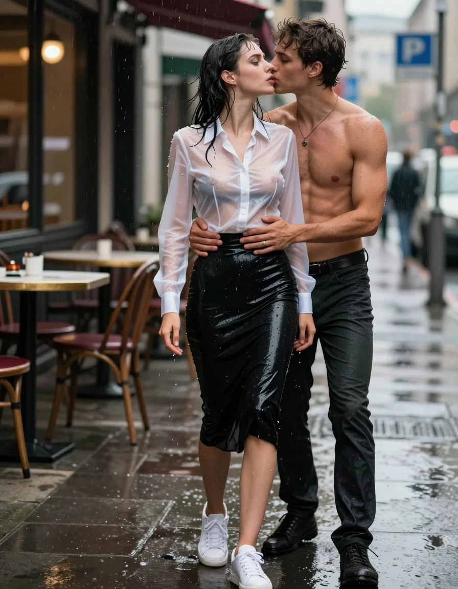 photo of young woman, in soaking wet, drenched clothes,
White sneakers, , Black midi skirt, soaked and clinging,, white translucent latex blouse, no bra, sheer and drenched, visible water droplets, no bra,, outdoor cafe frontage, urban sidewalk, rainy atmosphere, 
enjoying, wet clothes stuck to body,
detailed textures of the wet clothes, wet face, wet plastered hair,
wet, drenched, professional, high-quality details, full body view.
sharp focus, ultra-high pixel detail, realistic, high-quality, full colors, incredibly detailed, 4k, 8k, 16k, hyper-realistic, RAW photo, masterpiece, ultra-detailed, professionally color graded, professional photograph, a woman in an office rush frantically, her hair is very wet and dropping, she looks very erotic, her latex blouse is very translucent and you can see here breasts, she wears no bra, water is droping out of her clothes, she wears a black midi skirt, the young woman is standing in the rain, a shirtless young man is standing in front of the young woman, they hug each other, he touchs her between her l
Vagina, she kisses him with very passionately on his mouth, she likes it very much, her blue eyes are open, photorealistic lifestyle photography, rich natural color, balanced bright exposure, moderate contrast, softly lifted shadows, high-fashion editorial style, cinematic medium shot with shallow depth of field., wet skin, wet clothes, damp fabric