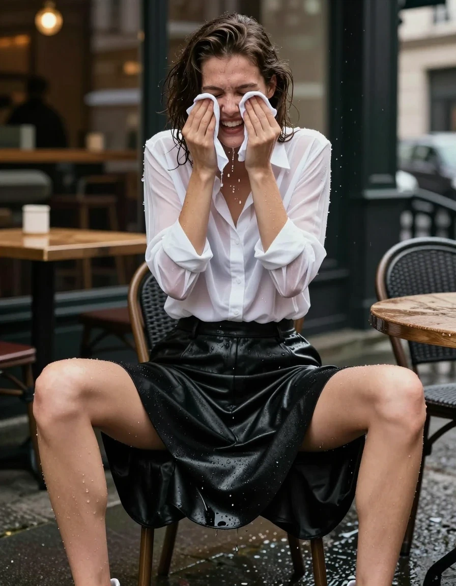 A photorealistic medium shot of a young adult European woman in an office rush, sitting on a chair on an urban sidewalk in front of an outdoor cafe during a rainy atmosphere. She is frantically wiping water from her face with a joyful, happy expression. She wears a crisp white translucent silk button-down blouse, completely drenched and sheer, showing realistic skin texture underneath with visible water droplets clinging to the fabric and her skin. She wears a midi black leather skirt that is soaked and clinging to her legs, and she is sitting with her legs spread wide, revealing a white panty. She wears white sneakers on her feet. The scene is captured with high-fashion editorial style, featuring rich natural colors, balanced bright exposure, moderate contrast, and softly lifted shadows with a shallow depth of field. The lighting is cinematic, highlighting the wet texture, weight, and folds of the soaked clothing.