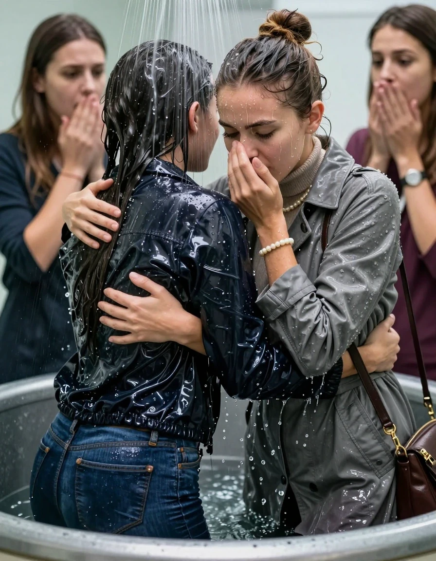 photo of young woman, in soaking wet, drenched clothes,
, Skinny jeans, Thick Woolen Winter coat, Long sleeve turtleneck sweater belly free, shoulderbag, pearl necklace, bracelet, wristwatch, Under the shower emerging in a tube, strong jet of water, at office , 
enjoying, wet clothes stuck to body,
detailed textures of the wet clothes, wet face, wet plastered hair,
wet, drenched, professional, high-quality details, full body view.
sharp focus, ultra-high pixel detail, realistic, high-quality, full colors, incredibly detailed, 4k, 8k, 16k, hyper-realistic, RAW photo, masterpiece, ultra-detailed, professionally color graded, professional photograph, Topknot

 15-years-old  teenage girl and her female  friends

Only head and shoulders are over the surface visible. Looking down. Open mouth, big eyes . Covers her nose with a hand. hugs her friend. Water running down her face and neck.

The girls wear different clothes and jackets.

she is completely underwater up to her neck, horny and astonished expression. 

her clothing is soaking wet and clinging tightly to her skin, showing heavy wet folds, darkened fabric texture, and deep water-saturated Patches, her clothes are heavy from the water, water runs from her body and her clothes in streams. A lot of water also runs out of her clothes. Her clothes are darkened by the water. Her submerged clothes are good visible under the water.  she soaked her handbag into the water.

close up view, wet skin, wet clothes, wet hair, damp fabric, water runs down the clothes, wet skin, wet clothes, damp fabric. cinematic medium shot, hyper-realistic wetness, high-contrast water sheen, sharp focus, 16k resolution, professional photography, realistic water physics., wet skin, wet clothes, damp fabric, wet skin, wet clothes, damp fabric, wet skin, wet clothes, damp fabric, wet skin, wet clothes, damp fabric, wet skin, wet clothes, damp fabric, wet skin, wet clothes, damp fabric, wet skin, wet clothes, damp fabric, wet skin, wet clothes, damp fabric, wet skin, wet clothes, damp fabric