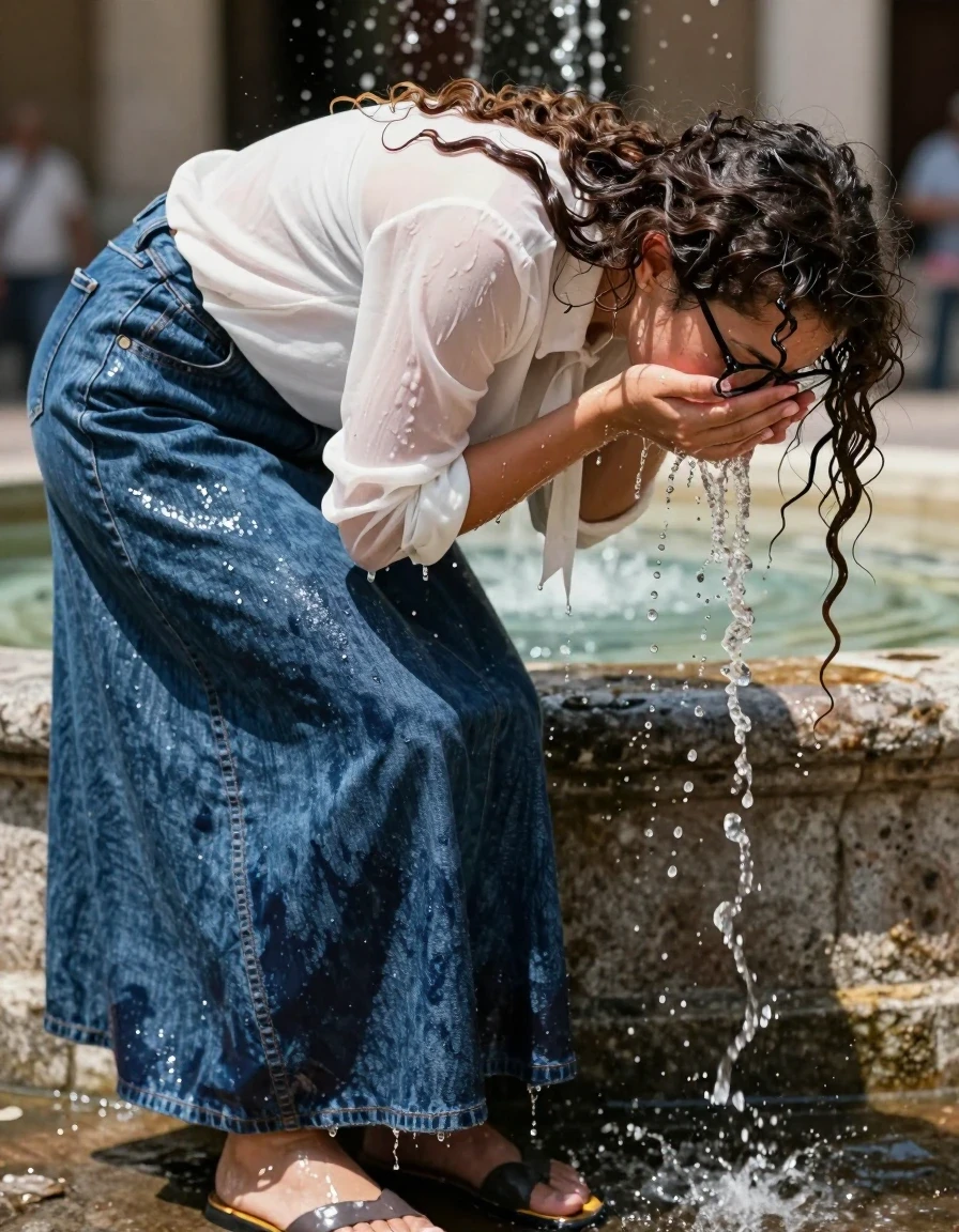 A photorealistic medium shot of a disoriented young adult European woman with long curly hair, wearing a white oversized long-sleeved blouse with a bowtie and glasses, paired with a floor-length denim skirt. The subject is leaning over a stone fountain in a scorching hot outdoor environment, actively washing her face with fountain water. Her long curly hair is dripping wet and plastered to her face and shoulders. Her white blouse is translucent and clinging to her skin, heavily saturated and soaked through. Her floor-length denim skirt is soaking-wet blue denim, water-saturated heavyweight denim, blue changed to deep navy and indigo, substantially darker unevenly soaked patches, absorbed water, heavy wet folds, visible weave and stitching, and strong glossy specular reflections on the raised weave, seams, and creases. She wears simple sandals that are wet and darkened. The lighting is harsh, bright, and high-contrast, emphasizing the glistening water sheen on her skin and the weight of her drenched clothing. The scene captures a candid, disoriented moment with sharp focus on the textures of wet fabric and flowing water, 8k resolution, cinematic lighting, hyper-realistic skin textures.
