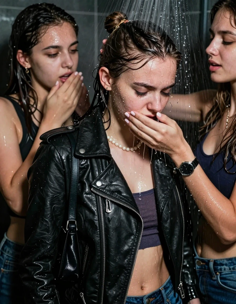 photo of young woman, in soaking wet, drenched clothes,
, , Biker leatherjacket, sweater belly free, shoulderbag, pearl necklace, bracelet, wristwatch, Orgasm Under the shower, strong jet of water, party room, 
enjoying, wet clothes stuck to body,
detailed textures of the wet clothes, wet face, wet plastered hair,
wet, drenched, professional, high-quality details, full body view.
sharp focus, ultra-high pixel detail, realistic, high-quality, full colors, incredibly detailed, 4k, 8k, 16k, hyper-realistic, RAW photo, masterpiece, ultra-detailed, professionally color graded, professional photograph, Topknot

 15 years old  school girl and her female  friends

Only head and shoulders are over the surface visible. Looking down to the side.  closed eyes . Her mouth is covered by her friends Hand. hugs her friend.

The girls wear different clothes.

she is completely underwater up to her neck, horny and Strenuous painful expression. 

her clothing is soaking wet and clinging tightly to her skin, showing heavy wet folds, darkened fabric texture, and deep water-saturated Patches, her clothes are heavy from the water, water runs from her body and her clothes in streams. A lot of water also runs out of her clothes. Her clothes are darkened by the water. Her submerged clothes are good visible under the water.  she soaked her handbag into the water.

close up view, wet skin, wet clothes, wet hair, damp fabric, water runs down the clothes, wet skin, wet clothes, damp fabric. cinematic medium shot, hyper-realistic wetness, high-contrast water sheen, sharp focus, 16k resolution, professional photography, realistic water physics., wet skin, wet clothes, damp fabric, wet skin, wet clothes, damp fabric, wet skin, wet clothes, damp fabric, wet skin, wet clothes, damp fabric, wet skin, wet clothes, damp fabric, wet skin, wet clothes, damp fabric, wet skin, wet clothes, damp fabric, wet skin, wet clothes, damp fabric