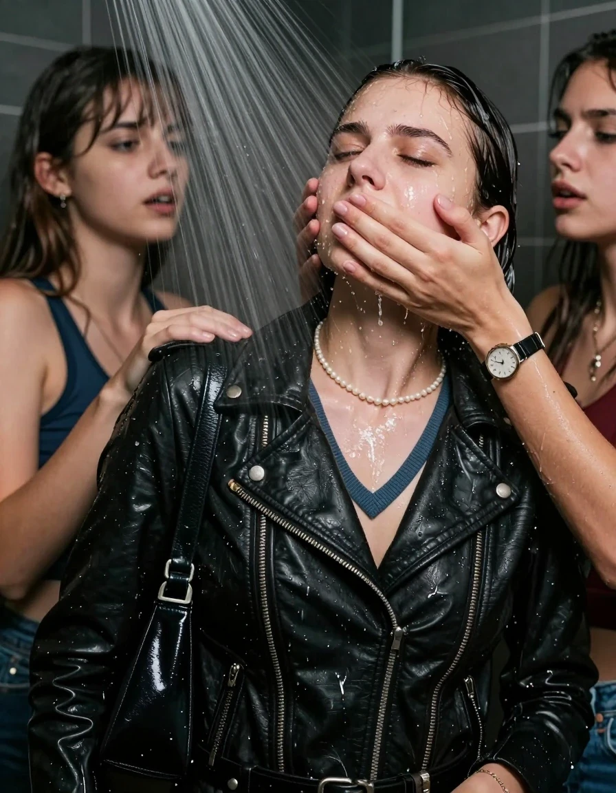 photo of young woman, in soaking wet, drenched clothes,
, , Biker leatherjacket, v- neck sweater belly free, shoulderbag, pearl necklace, bracelet, wristwatch, Intense Orgasm Under the shower, strong jet of water, party room, 
enjoying, wet clothes stuck to body,
detailed textures of the wet clothes, wet face, wet plastered hair,
wet, drenched, professional, high-quality details, full body view.
sharp focus, ultra-high pixel detail, realistic, high-quality, full colors, incredibly detailed, 4k, 8k, 16k, hyper-realistic, RAW photo, masterpiece, ultra-detailed, professionally color graded, professional photograph, Sleek long  ponytail with bangs

 21 years old  school girl and her female  friends

Only head and shoulders are over the surface visible. Looking up to the side.  closed eyes . Her mouth is covered by her friends Hand. hugs her friend. Water running down her face and neck.

The girls wear different clothes.

she is completely underwater up to her neck, horny and painful expression. 

her clothing is soaking wet and clinging tightly to her skin, showing heavy wet folds, darkened fabric texture, and deep water-saturated Patches, her clothes are heavy from the water, water runs from her body and her clothes in streams. A lot of water also runs out of her clothes. Her clothes are darkened by the water. Her submerged clothes are good visible under the water.  she soaked her handbag into the water.

close up view, wet skin, wet clothes, wet hair, damp fabric, water runs down the clothes, wet skin, wet clothes, damp fabric. cinematic medium shot, hyper-realistic wetness, high-contrast water sheen, sharp focus, 16k resolution, professional photography, realistic water physics., wet skin, wet clothes, damp fabric, wet skin, wet clothes, damp fabric, wet skin, wet clothes, damp fabric, wet skin, wet clothes, damp fabric, wet skin, wet clothes, damp fabric, wet skin, wet clothes, damp fabric, wet skin, wet clothes, damp fabric, wet skin, wet clothes, damp fabric, wet skin, wet clothes, damp fabric