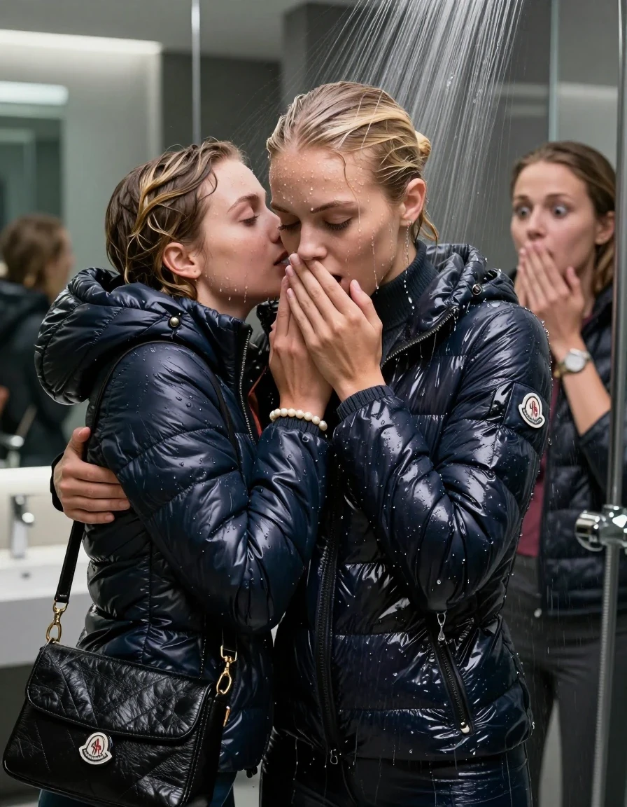photo of young woman, in soaking wet, drenched clothes,
, , Moncler shiny puffer down jacket, tight turtleneck sweater belly free, shoulderbag, pearl necklace, bracelet, wristwatch, Under the shower, strong jet of water, modern mirrored bathroom, 
enjoying, wet clothes stuck to body,
detailed textures of the wet clothes, wet face, wet plastered hair,
wet, drenched, professional, high-quality details, full body view.
sharp focus, ultra-high pixel detail, realistic, high-quality, full colors, incredibly detailed, 4k, 8k, 16k, hyper-realistic, RAW photo, masterpiece, ultra-detailed, professionally color graded, professional photograph, Blonde Sleek bun

 15-years-old  teenage girl and her female  friends

Only head and shoulders are over the surface visible. Looking down. Open mouth, half closed eyes . Hold her hands on her mouth and nose . hugs her friend. Water running down her face and neck.

The girls wear different clothes and down jackets.

she is completely underwater up to her neck, horny and astonished expression. 

her clothing is soaking wet and clinging tightly to her skin, showing heavy wet folds, darkened fabric texture, and deep water-saturated Patches, her clothes are heavy from the water, water runs from her body and her clothes in streams. A lot of water also runs out of her clothes. Her clothes are darkened by the water. Her submerged clothes are good visible under the water.  she soaked her handbag into the water.

close up view, wet skin, wet clothes, wet hair, damp fabric, water runs down the clothes, wet skin, wet clothes, damp fabric. cinematic medium shot, hyper-realistic wetness, high-contrast water sheen, sharp focus, 16k resolution, professional photography, realistic water physics., wet skin, wet clothes, damp fabric, wet skin, wet clothes, damp fabric, wet skin, wet clothes, damp fabric, wet skin, wet clothes, damp fabric, wet skin, wet clothes, damp fabric, wet skin, wet clothes, damp fabric, wet skin, wet clothes, damp fabric, wet skin, wet clothes, damp fabric, wet skin, wet clothes, damp fabric