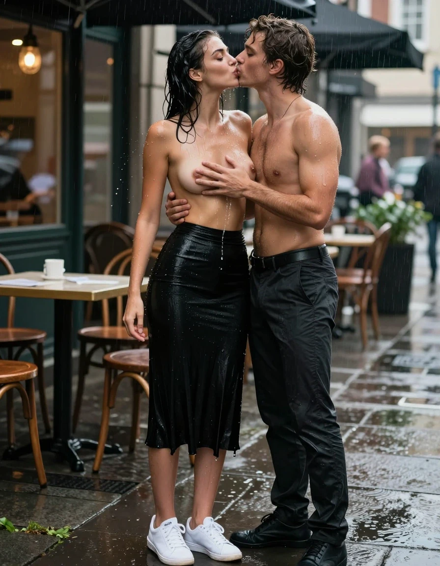 photo of young woman, in soaking wet, drenched clothes,
White sneakers, , Black midi skirt, soaked and clinging,, Topless, no bra, sheer and drenched, visible water droplets, no bra,, outdoor cafe frontage, urban sidewalk, rainy atmosphere, 
enjoying, wet clothes stuck to body,
detailed textures of the wet clothes, wet face, wet plastered hair,
wet, drenched, professional, high-quality details, full body view.
sharp focus, ultra-high pixel detail, realistic, high-quality, full colors, incredibly detailed, 4k, 8k, 16k, hyper-realistic, RAW photo, masterpiece, ultra-detailed, professionally color graded, professional photograph, a woman in an office rush frantically, her hair is very wet and dropping, she looks very erotic, she wears no bra, water is droping out of her clothes, she wears a black midi skirt, the young woman is standing in the rain, a shirtless young man is standing in front of the young woman, they hug each other, he touchs her
Breast, she kisses him with very passionately on his mouth, she likes it very much, her eyes are open, photorealistic lifestyle photography, rich natural color, balanced bright exposure, moderate contrast, softly lifted shadows, high-fashion editorial style, cinematic medium shot with shallow depth of field., wet skin, wet clothes, damp fabric