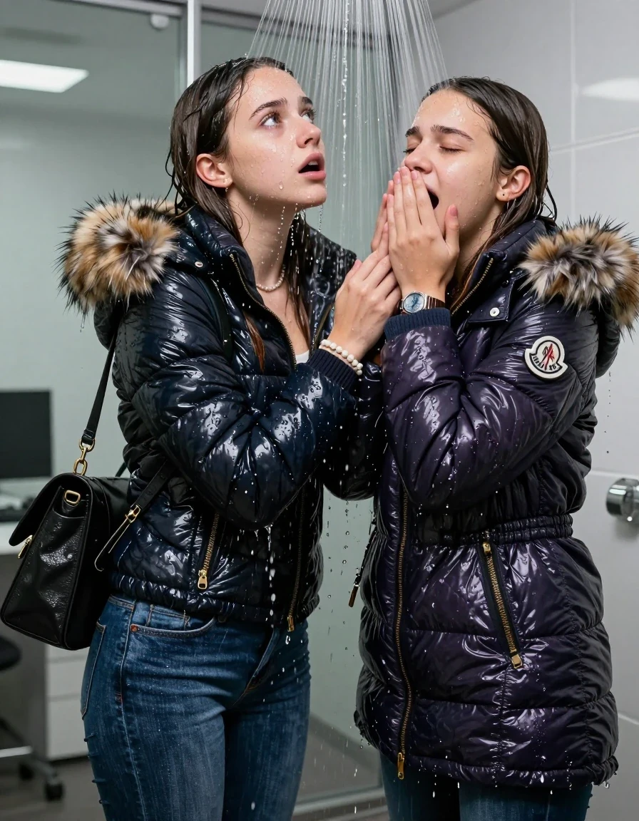 photo of young woman, in soaking wet, drenched clothes,
, Skinny jeans, Moncler Shiny puffer down coat with fur, Long sleeve turtleneck sweater belly free, shoulderbag, pearl necklace, bracelet, wristwatch, Under the shower emerging in a tube, strong jet of water, at office , 
enjoying, wet clothes stuck to body,
detailed textures of the wet clothes, wet face, wet plastered hair,
wet, drenched, professional, high-quality details, full body view.
sharp focus, ultra-high pixel detail, realistic, high-quality, full colors, incredibly detailed, 4k, 8k, 16k, hyper-realistic, RAW photo, masterpiece, ultra-detailed, professionally color graded, professional photograph, Long Sleek straight hair

Two 15-years-old  teenage girl and her female  friends

Only head and shoulders are over the surface visible. Looking up. Open mouth, closed eyes. Covers her nose with a hand. hugs her friend. Water running down her face and neck.

The girls wear different clothes and jackets.

she is completely underwater up to her neck, afraid and astonished expression. 

her clothing is soaking wet and clinging tightly to her skin, showing heavy wet folds, darkened fabric texture, and deep water-saturated Patches, her clothes are heavy from the water, water runs from her body and her clothes in streams. A lot of water also runs out of her clothes. Her clothes are darkened by the water. Her submerged clothes are good visible under the water.  she soaked her handbag into the water.

close up view, wet skin, wet clothes, wet hair, damp fabric, water runs down the clothes, wet skin, wet clothes, damp fabric. cinematic medium shot, hyper-realistic wetness, high-contrast water sheen, sharp focus, 16k resolution, professional photography, realistic water physics., wet skin, wet clothes, damp fabric, wet skin, wet clothes, damp fabric, wet skin, wet clothes, damp fabric, wet skin, wet clothes, damp fabric, wet skin, wet clothes, damp fabric, wet skin, wet clothes, damp fabric, wet skin, wet clothes, damp fabric, wet skin, wet clothes, damp fabric, wet skin, wet clothes, damp fabric, wet skin, wet clothes, damp fabric, wet skin, wet clothes, damp fabric