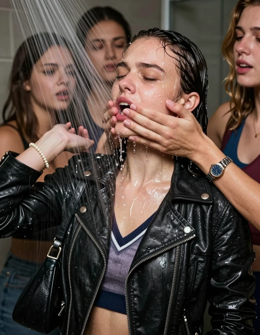 photo of young woman, in soaking wet, drenched clothes,
, , Biker leatherjacket, v- neck sweater belly free, shoulderbag, pearl necklace, bracelet, wristwatch, Intense Orgasm Under the shower, strong jet of water, party room, 
enjoying, wet clothes stuck to body,
detailed textures of the wet clothes, wet face, wet plastered hair,
wet, drenched, professional, high-quality details, full body view.
sharp focus, ultra-high pixel detail, realistic, high-quality, full colors, incredibly detailed, 4k, 8k, 16k, hyper-realistic, RAW photo, masterpiece, ultra-detailed, professionally color graded, professional photograph, Sleek long  ponytail with bangs

 21 years old  school girl and her female  friends

Only head and shoulders are over the surface visible. Looking slightly away. Open mouth, closed eyes . Her mouth is covered by her friends Hand. hugs her friend. Water running down her face and neck.

The girls wear different clothes.

she is completely underwater up to her neck, horny and painful expression. 

her clothing is soaking wet and clinging tightly to her skin, showing heavy wet folds, darkened fabric texture, and deep water-saturated Patches, her clothes are heavy from the water, water runs from her body and her clothes in streams. A lot of water also runs out of her clothes. Her clothes are darkened by the water. Her submerged clothes are good visible under the water.  she soaked her handbag into the water.

close up view, wet skin, wet clothes, wet hair, damp fabric, water runs down the clothes, wet skin, wet clothes, damp fabric. cinematic medium shot, hyper-realistic wetness, high-contrast water sheen, sharp focus, 16k resolution, professional photography, realistic water physics., wet skin, wet clothes, damp fabric, wet skin, wet clothes, damp fabric, wet skin, wet clothes, damp fabric, wet skin, wet clothes, damp fabric, wet skin, wet clothes, damp fabric, wet skin, wet clothes, damp fabric, wet skin, wet clothes, damp fabric, wet skin, wet clothes, damp fabric, wet skin, wet clothes, damp fabric