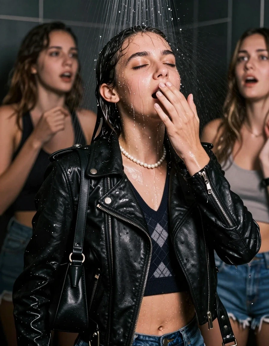 photo of young woman, in soaking wet, drenched clothes,
, , Black biker leatherjacket, v-neck sweater with diamond pattern belly free, shoulderbag , Pearl necklace, bracelet, wristwatch, Under the shower, strong jet of water, party room, 
enjoying, wet clothes stuck to body,
detailed textures of the wet clothes, wet face, wet plastered hair,
wet, drenched, professional, high-quality details, full body view.
sharp focus, ultra-high pixel detail, realistic, high-quality, full colors, incredibly detailed, 4k, 8k, 16k, hyper-realistic, RAW photo, masterpiece, ultra-detailed, professionally color graded, professional photograph, 18 year old teenage girl and her friend 

Only head and shoulders are over the surface visible. Open mouth, closed eyes. Looking up. Hands over mouth. Water running down her face and neck

The girls wear different clothes.

she is completely underwater up to her neck, afraid and astonished expression. 

her clothing is soaking wet and clinging tightly to her skin, showing heavy wet folds, darkened fabric texture, and deep water-saturated Patches, her clothes are heavy from the water, water runs from her body and her clothes in streams. A lot of water also runs out of her clothes. Her clothes are darkened by the water. Her submerged clothes are good visible under the water.  she soaked her handbag into the water.

close up view, wet skin, wet clothes, wet hair, damp fabric, water runs down the clothes, wet skin, wet clothes, damp fabric. cinematic medium shot, hyper-realistic wetness, high-contrast water sheen, sharp focus, 16k resolution, professional photography, realistic water physics., wet skin, wet clothes, damp fabric, wet skin, wet clothes, damp fabric, wet skin, wet clothes, damp fabric, wet skin, wet clothes, damp fabric, wet skin, wet clothes, damp fabric, wet skin, wet clothes, damp fabric, wet skin, wet clothes, damp fabric