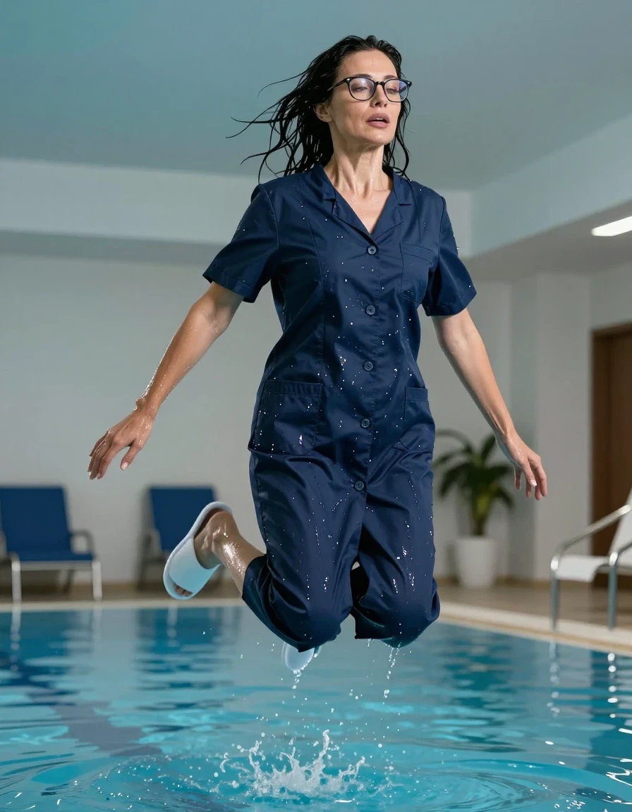 photo of young woman, in soaking wet, drenched clothes,
white slippers, maxi dark blue labdress with short sleeves, maxi dark blue labdress with short sleeves, jumping in indoor swimming pool, enjoying wet clothes stuck body, enjoying, wet clothes stuck to body, 
enjoying, wet clothes stuck to body,
detailed textures of the wet clothes, wet face, wet plastered hair,
wet, drenched, professional, high-quality details, full body view.
sharp focus, ultra-high pixel detail, realistic, high-quality, full colors, incredibly detailed, 4k, 8k, 16k, hyper-realistic, RAW photo, masterpiece, ultra-detailed, professionally color graded, professional photograph, europen brunette skinny woman 50 years old, long dark black hair, office glasses, very big and thick lips, complete body, wet skin, wet clothes, damp fabric, wet skin, wet clothes, damp fabric, wet skin, wet clothes, damp fabric, wet skin, wet clothes, damp fabric, wet skin, wet clothes, damp fabric, wet skin, wet clothes, damp fabric, wet skin, wet clothes, damp fabric