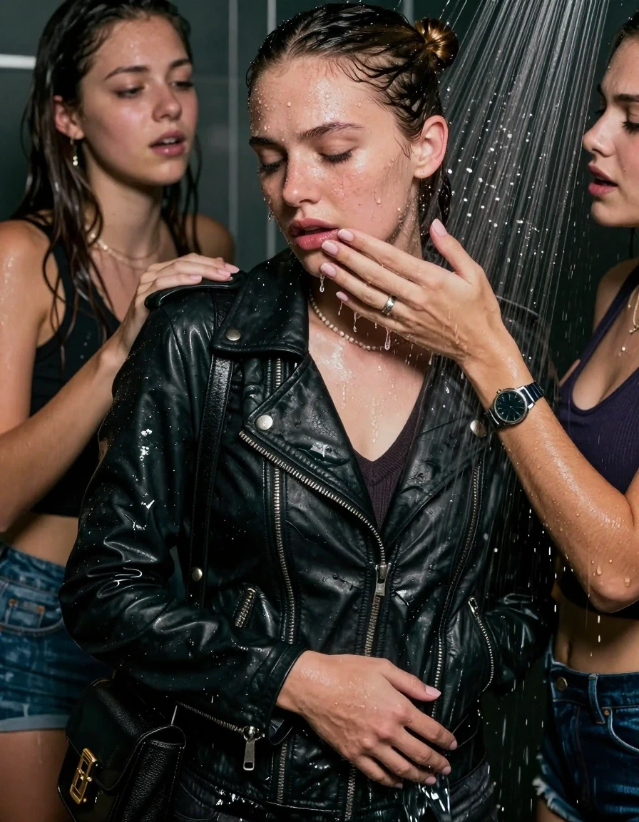 photo of young woman, in soaking wet, drenched clothes,
, , Biker leatherjacket, v- neck sweater belly free, shoulderbag, pearl necklace, bracelet, wristwatch, Orgasm Under the shower, strong jet of water, party room, 
enjoying, wet clothes stuck to body,
detailed textures of the wet clothes, wet face, wet plastered hair,
wet, drenched, professional, high-quality details, full body view.
sharp focus, ultra-high pixel detail, realistic, high-quality, full colors, incredibly detailed, 4k, 8k, 16k, hyper-realistic, RAW photo, masterpiece, ultra-detailed, professionally color graded, professional photograph, Topknot

 21 years old  school girl and her female  friends

Only head and shoulders are over the surface visible. Looking down to the side.  closed eyes . Her mouth is covered by her friends Hand. hugs her friend.

The girls wear different clothes.

she is completely underwater up to her neck, horny and painful expression. 

her clothing is soaking wet and clinging tightly to her skin, showing heavy wet folds, darkened fabric texture, and deep water-saturated Patches, her clothes are heavy from the water, water runs from her body and her clothes in streams. A lot of water also runs out of her clothes. Her clothes are darkened by the water. Her submerged clothes are good visible under the water.  she soaked her handbag into the water.

close up view, wet skin, wet clothes, wet hair, damp fabric, water runs down the clothes, wet skin, wet clothes, damp fabric. cinematic medium shot, hyper-realistic wetness, high-contrast water sheen, sharp focus, 16k resolution, professional photography, realistic water physics., wet skin, wet clothes, damp fabric, wet skin, wet clothes, damp fabric, wet skin, wet clothes, damp fabric, wet skin, wet clothes, damp fabric, wet skin, wet clothes, damp fabric, wet skin, wet clothes, damp fabric, wet skin, wet clothes, damp fabric, wet skin, wet clothes, damp fabric, wet skin, wet clothes, damp fabric